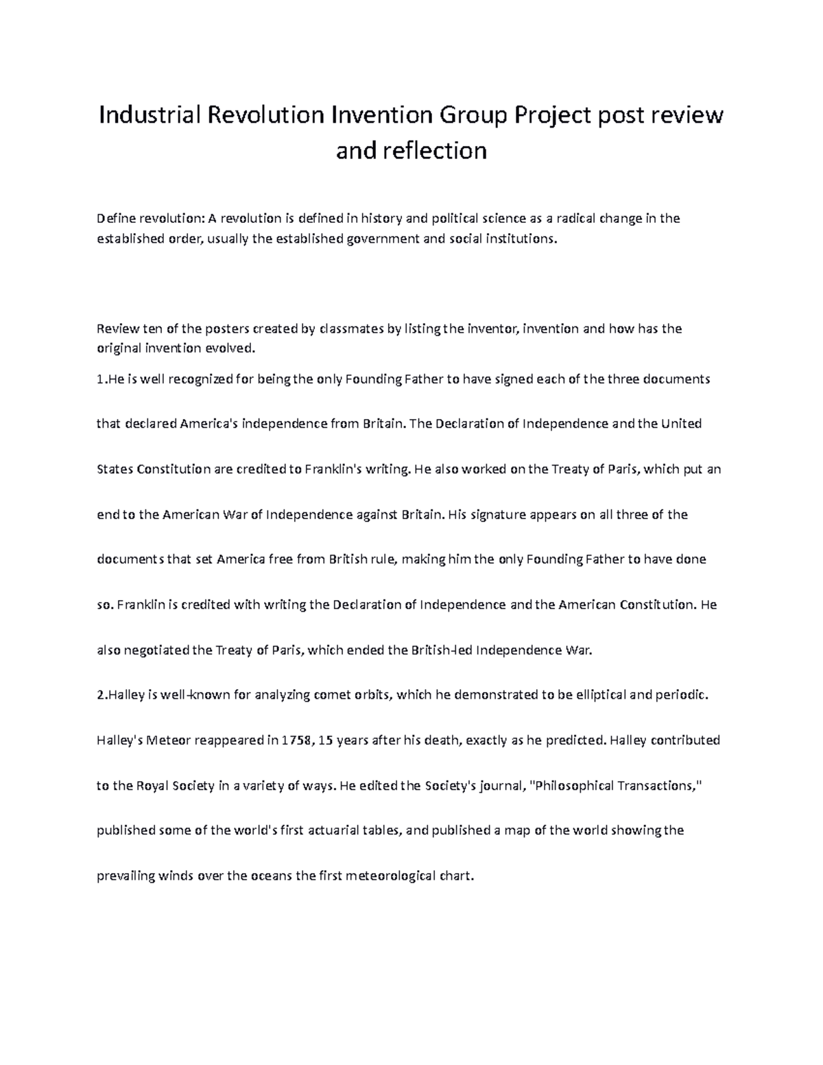 IR Project Post Review And Reflection Industrial Revolution Invention 