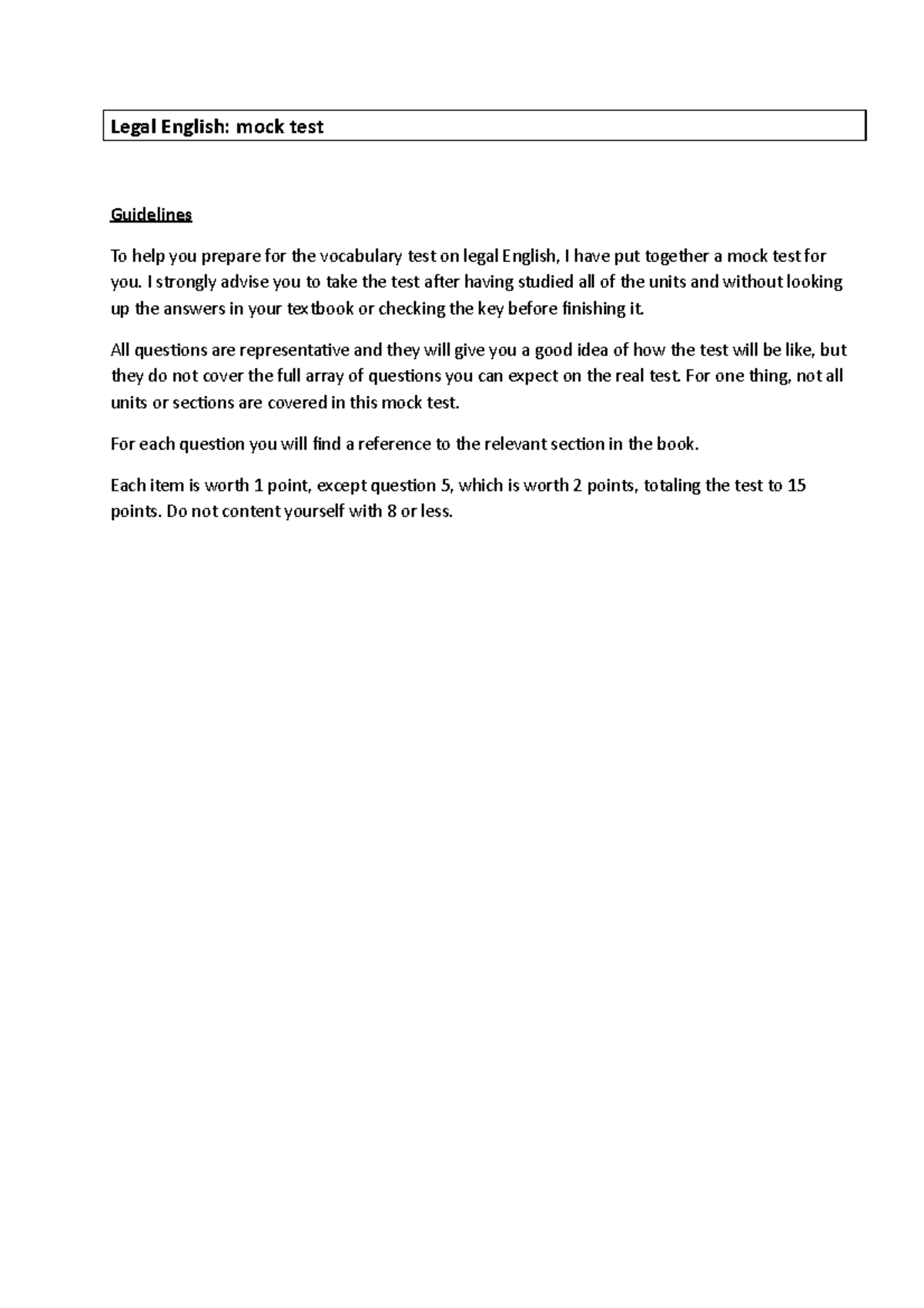 1314 Legal English mock test - Legal English: mock test Guidelines To ...