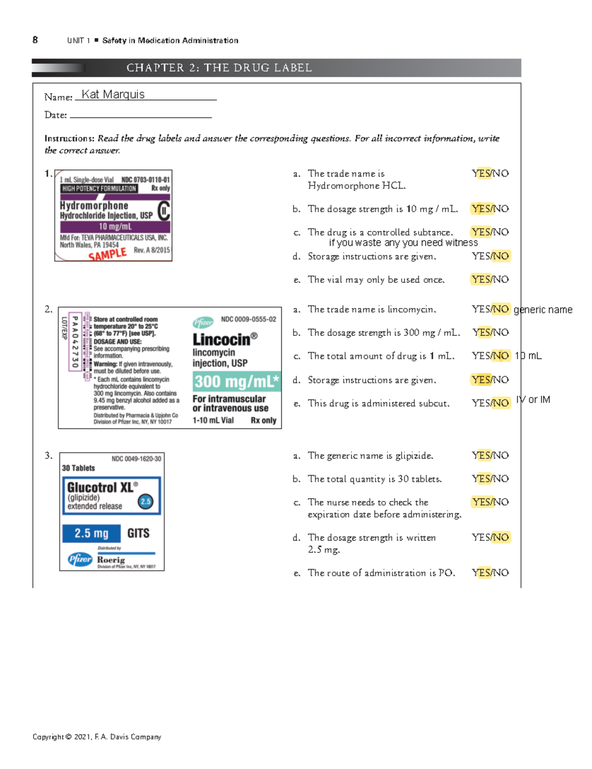 Med math 2 Med math sheet 8 UNIT 1! Safety in Medication Administration Copyright © 2021, F