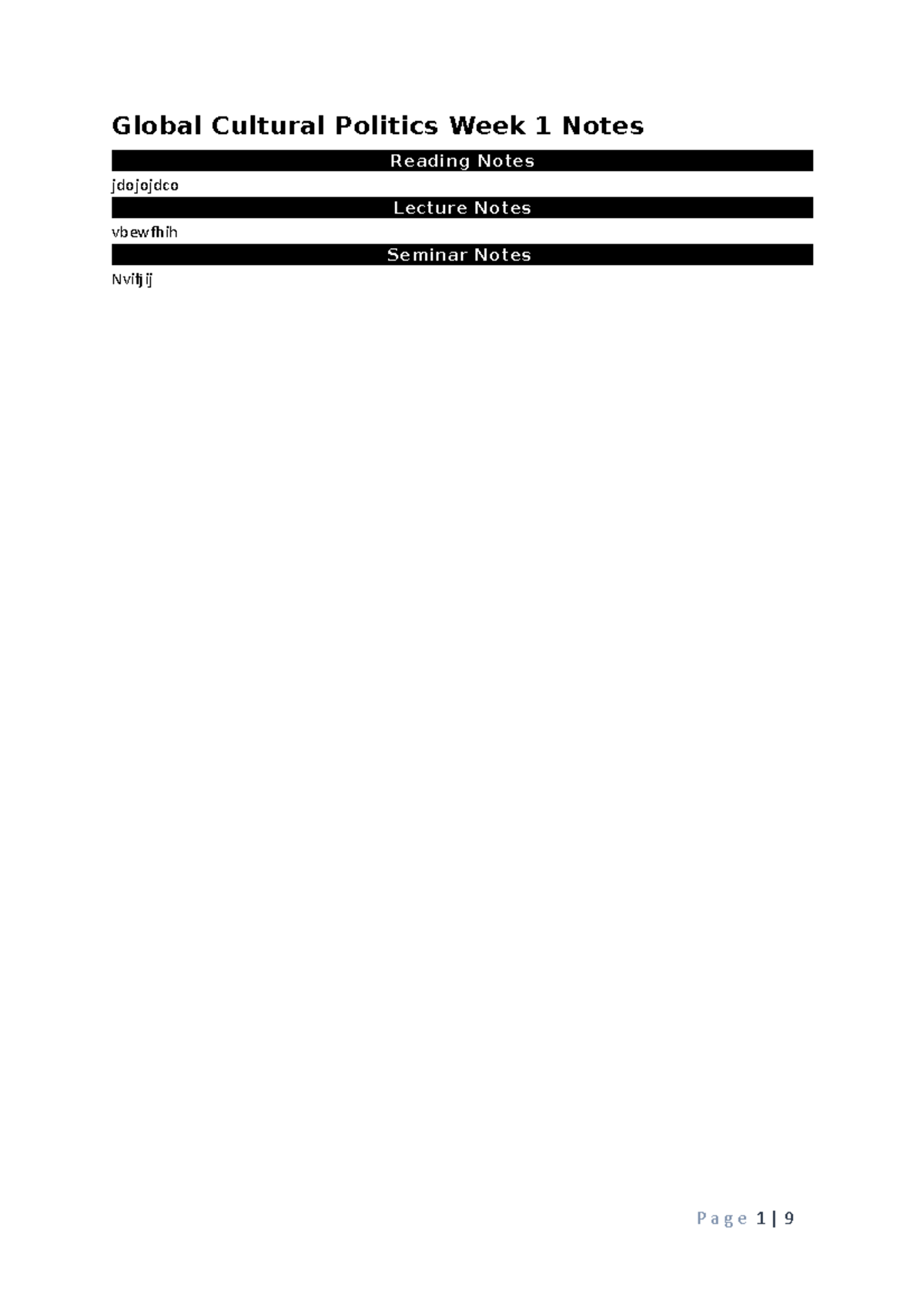 Term 1 GCP Seminar and Lecture Notes - Global Cultural Politics Week 1 ...