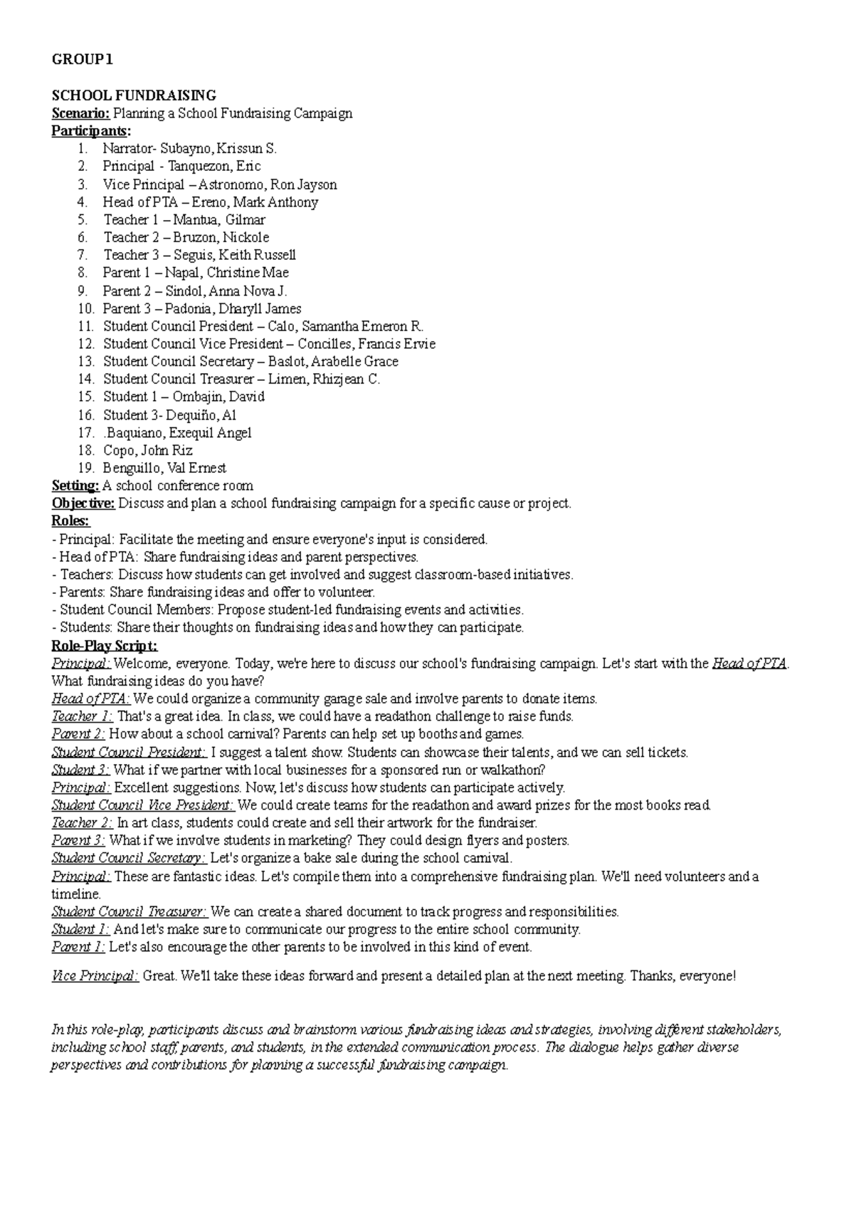 Por Com roleplay script - GROUP 1 SCHOOL FUNDRAISING Scenario: Planning ...