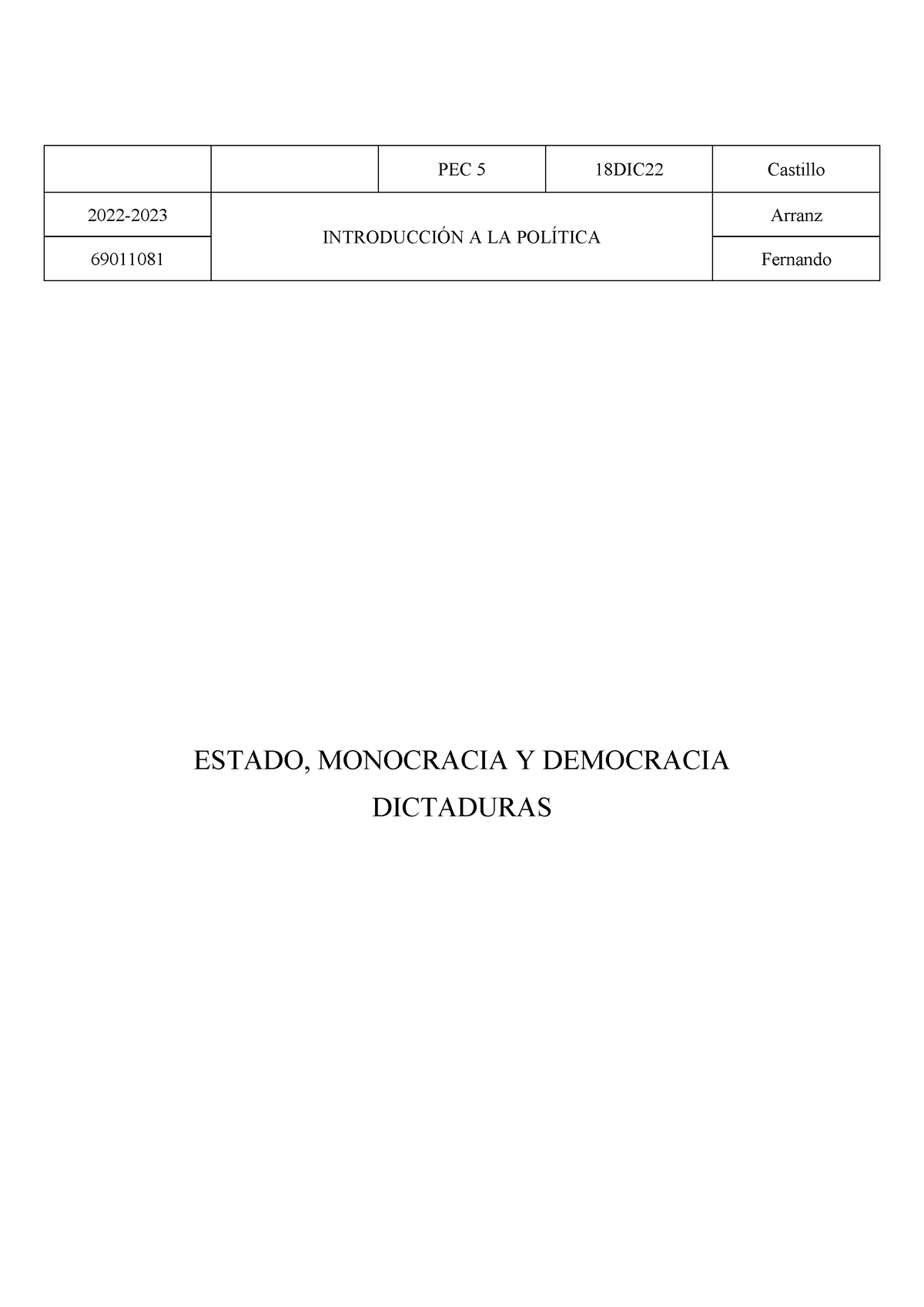 ESTADO, MONOCRACIA Y DEMOCRACIA DICTADURAS - PEC 5 18DIC22 Castillo ...