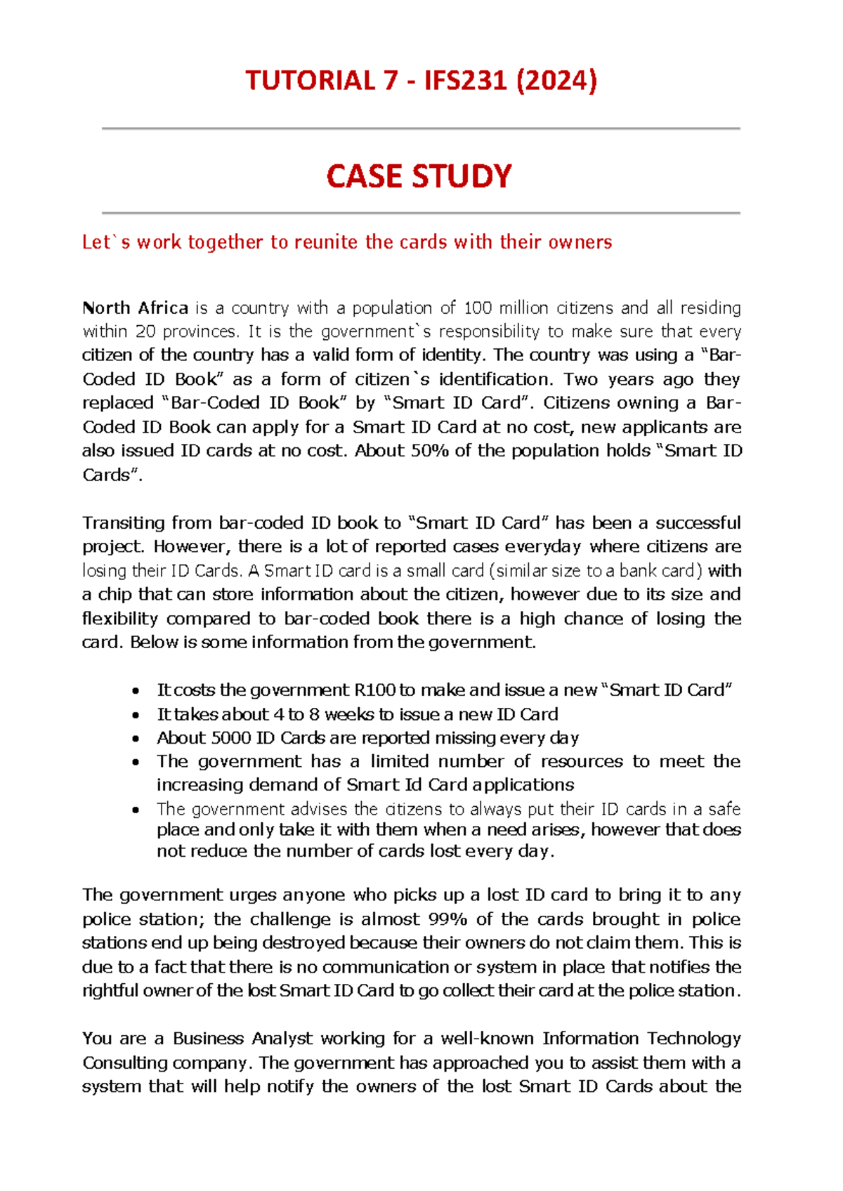 Tutorial+7+-+students - TUTORIAL 7 - IFS231 (2024) CASE STUDY Let`s ...