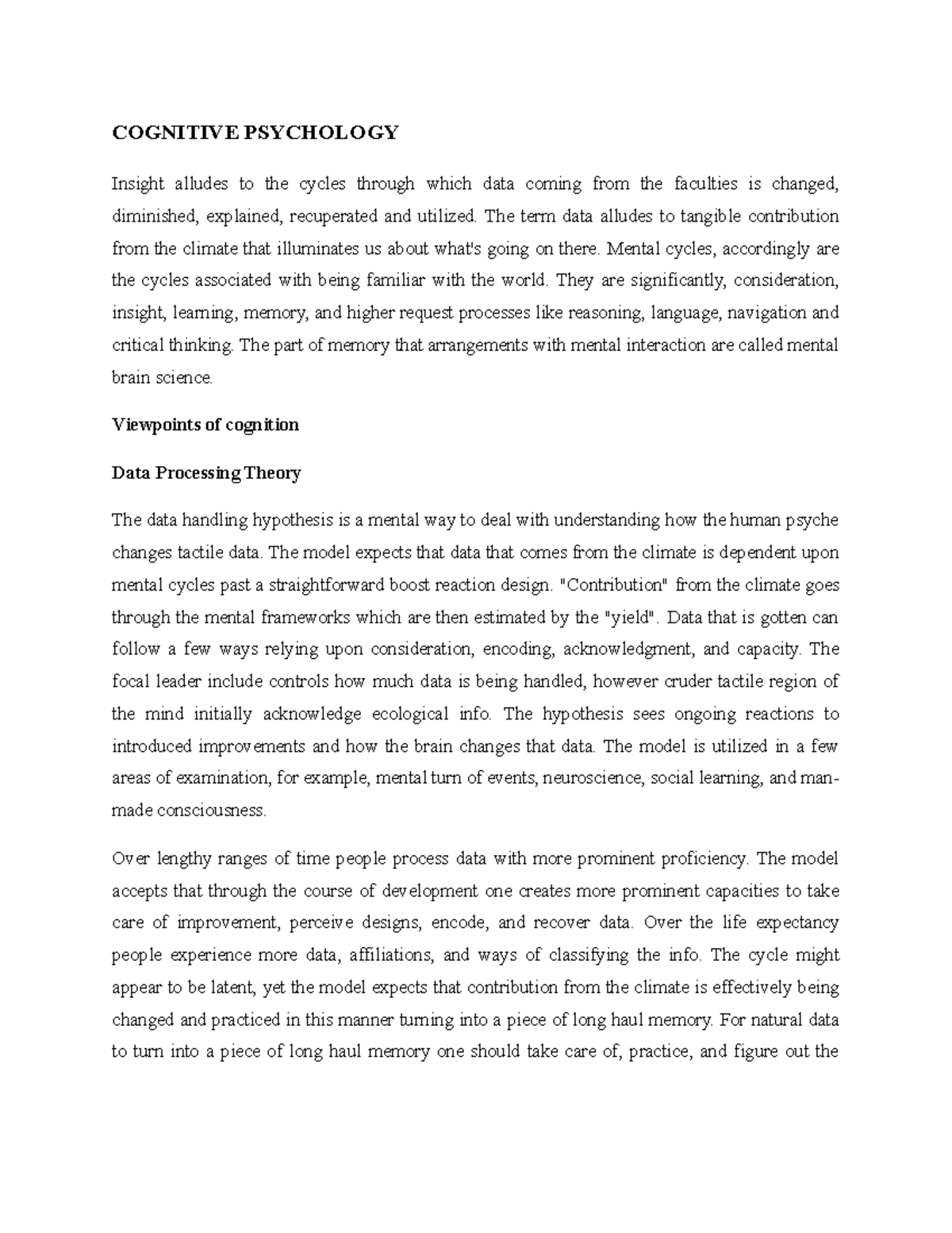 Cognitive Psychology - COGNITIVE PSYCHOLOGY Insight alludes to the ...