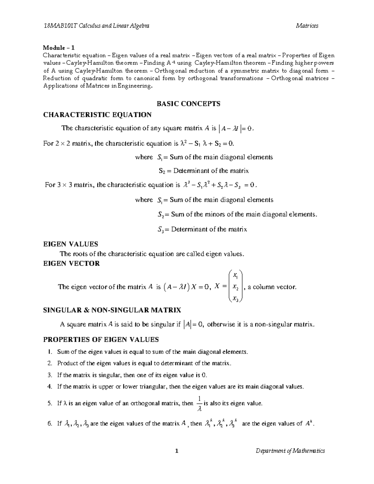Unit 1 - Matrices - learn lead - Module – 1 Characteristic equation ...
