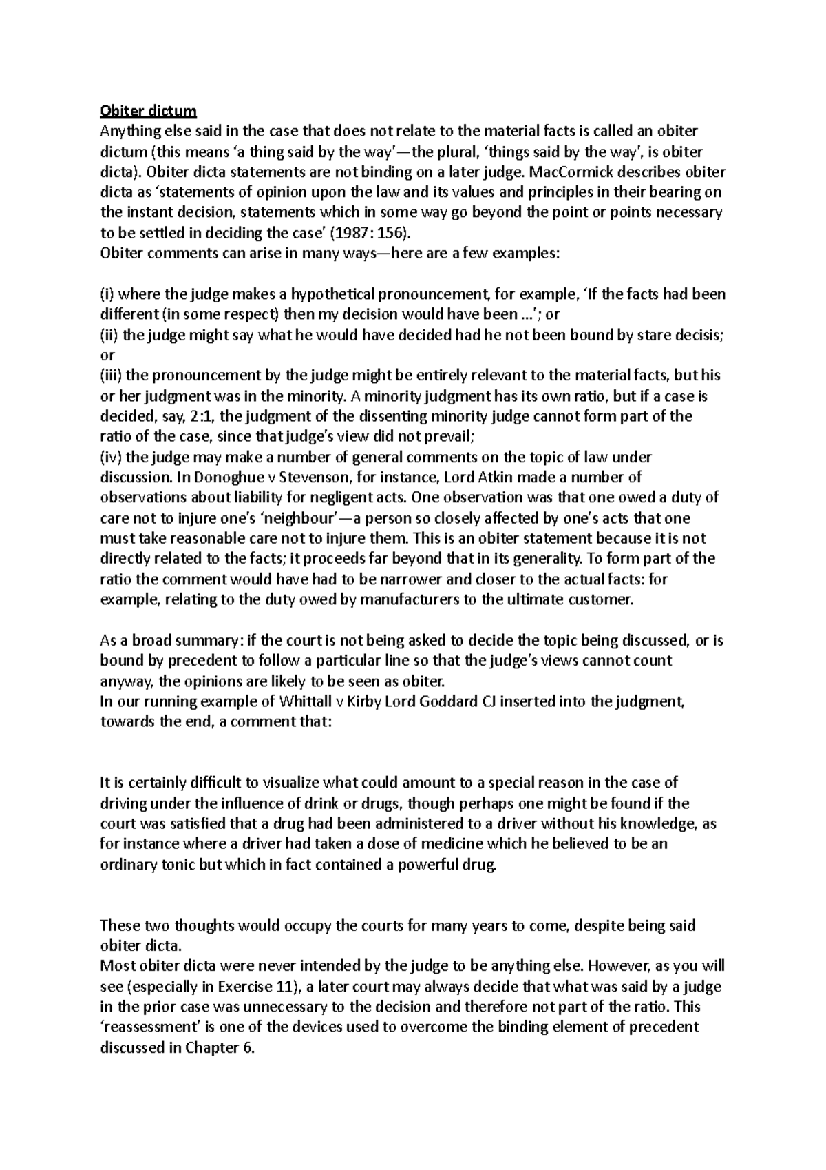 Obiter dictum - Lecture notes 4 - Obiter dictum Anything else said in ...