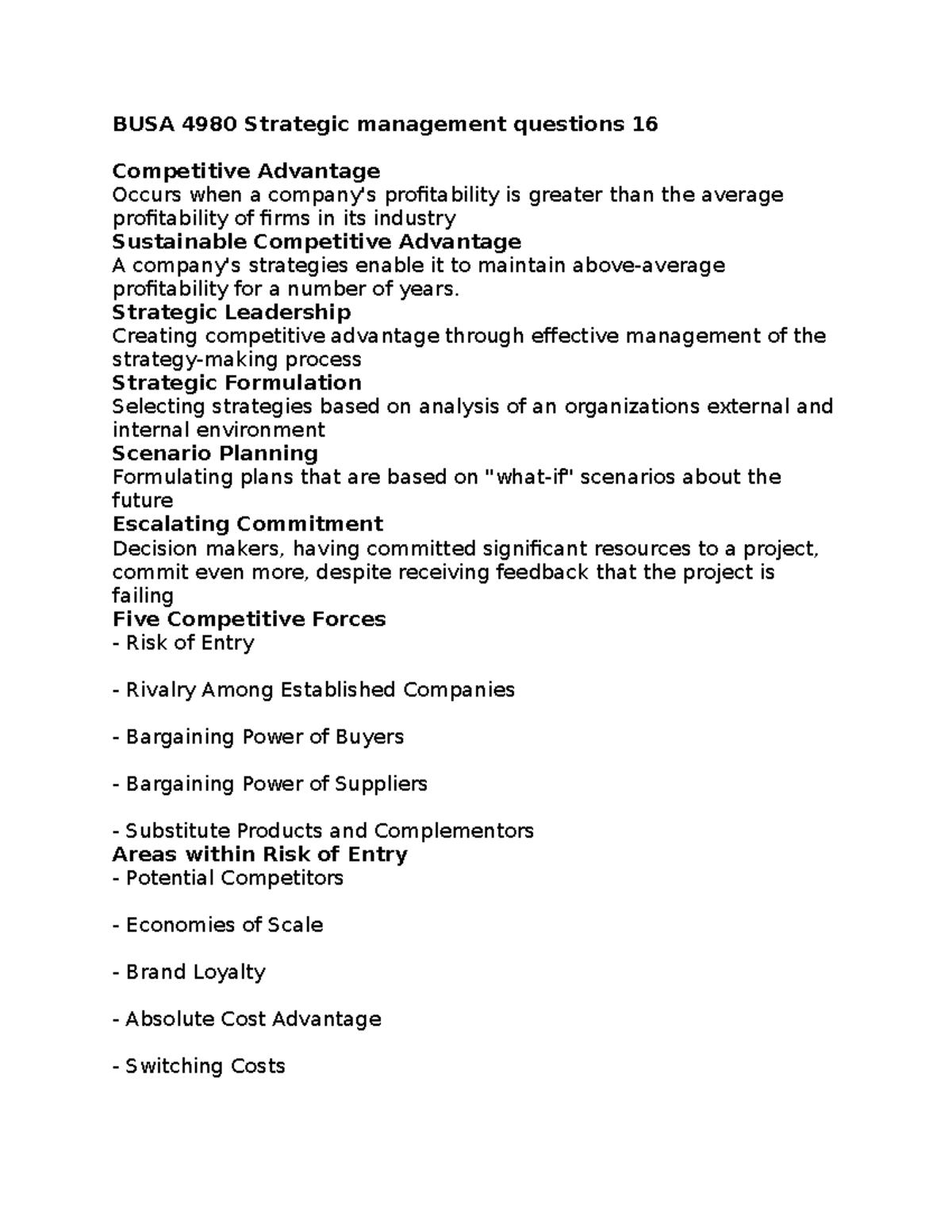 BUSA 4980 Strategic management questions 16 - BUSA 4980 Strategic ...