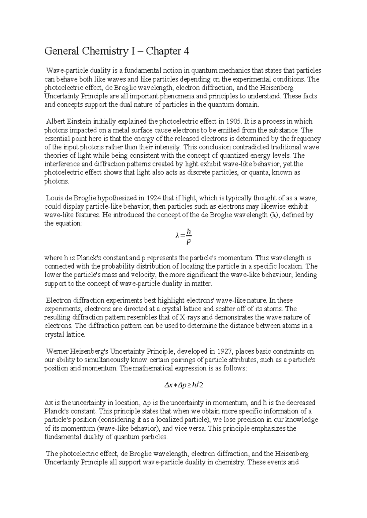 General Chemistry I HW1 - General Chemistry I – Chapter 4 Wave-particle ...