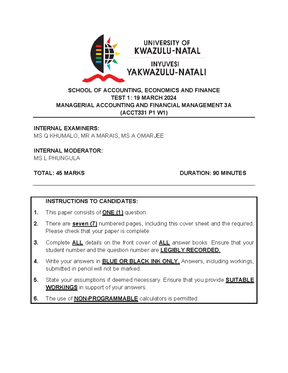 2024 ACCT331 TEST 1 Scenario - SCHOOL OF ACCOUNTING, ECONOMICS AND ...