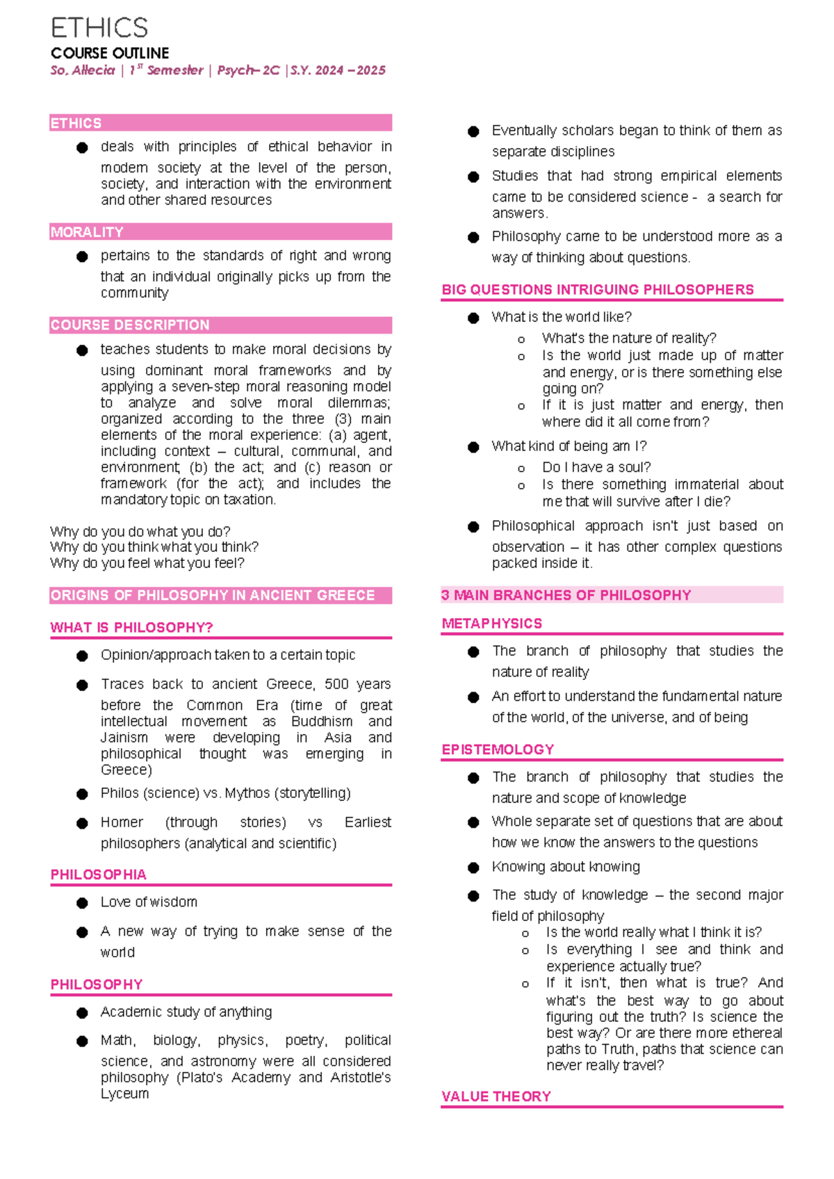 Ethics - ETHICS COURSE OUTLINE So, Allecia | 1ST Semester | Psych– 2C ...