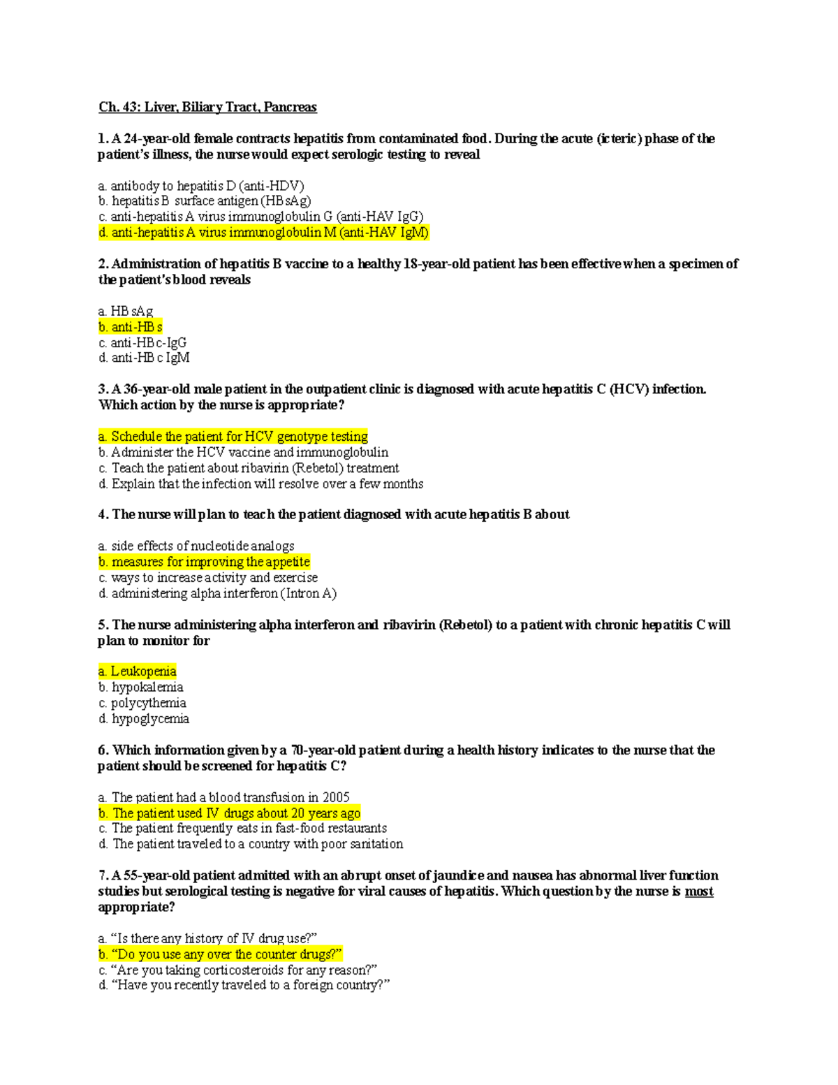 Chapter 43- Liver, Biliary Tract, Pancreas Testbank Answer Key - Ch. 43 ...