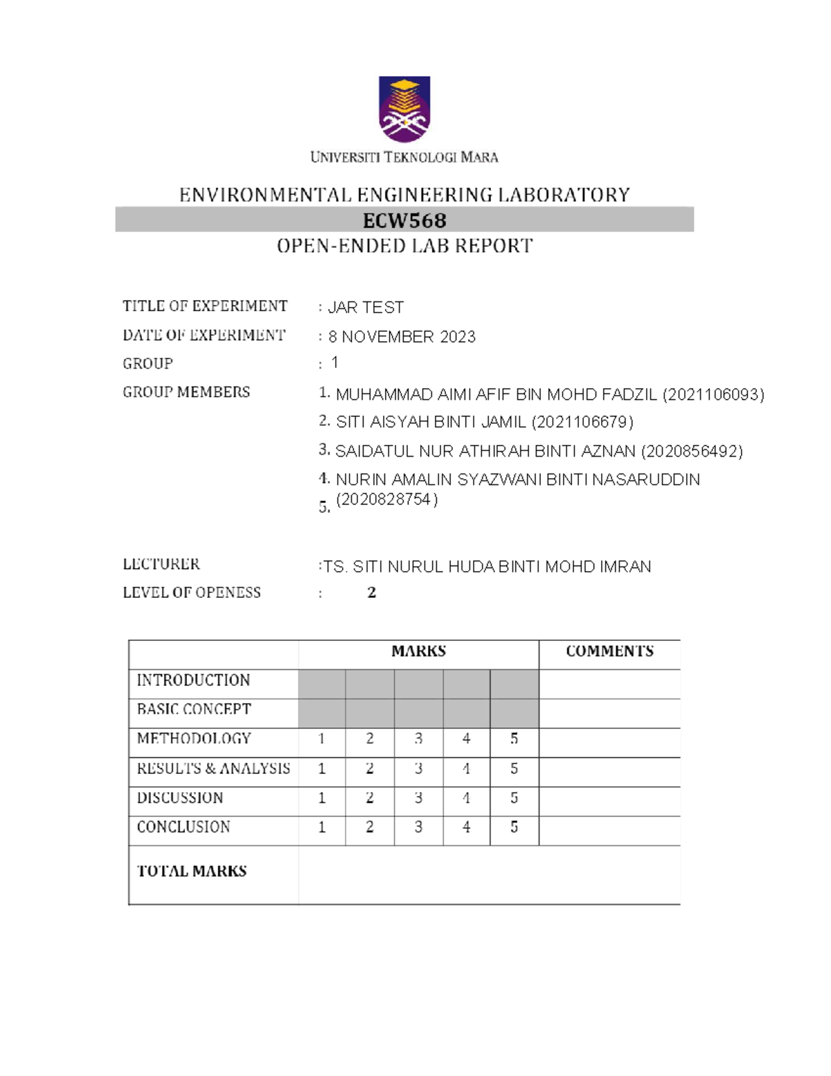 JAR TEST Group 1 6B1B LAB REPORT JAR TEST 8 NOVEMBER 2023 1