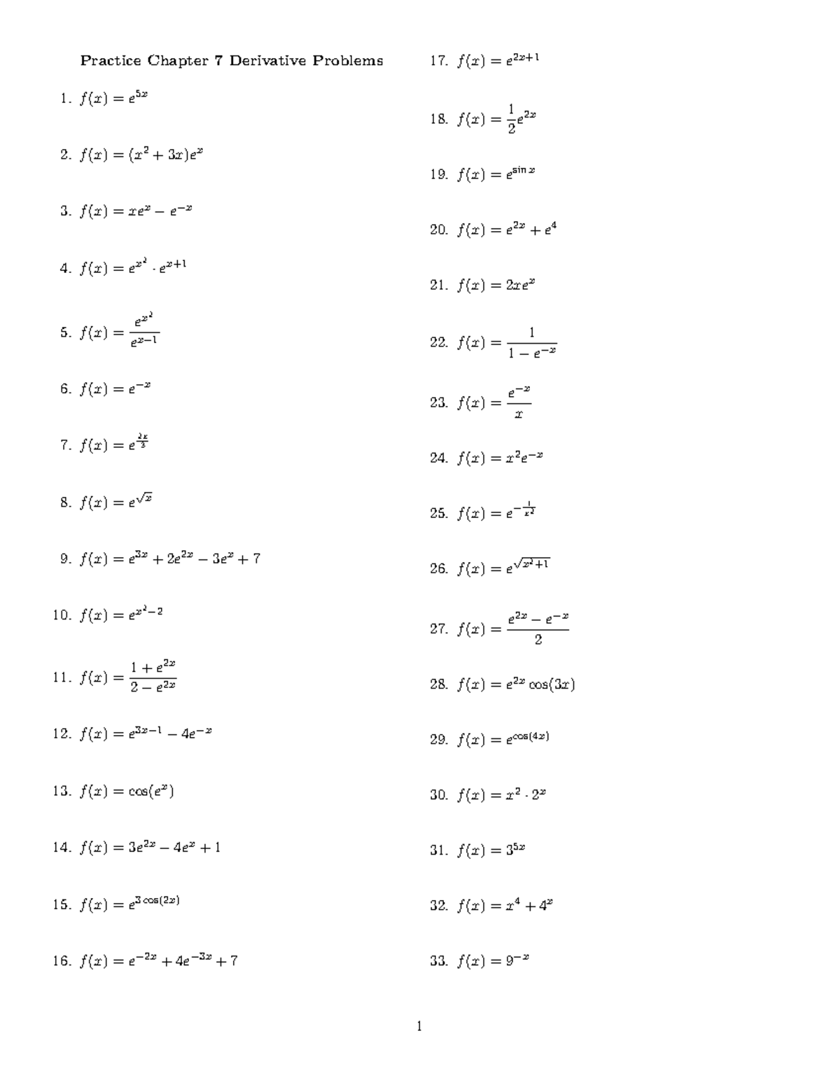 Practice Derivative Problems - Practice Chapter 7 Derivative Problems f ...