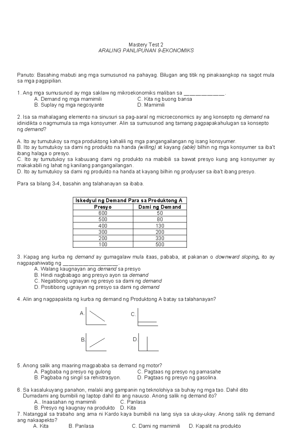 Mastery TEST 2 AP9 Today NOV - Mastery Test 2 ARALING PANLIPUNAN 9 ...