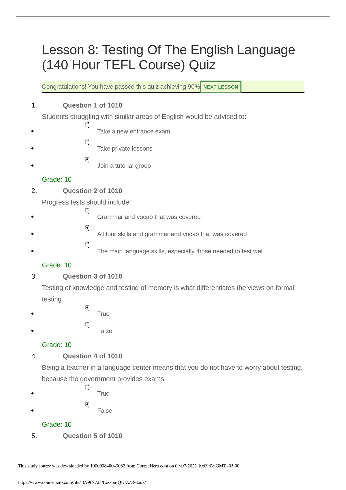 Lesson Quizz 8 - Tefel On The Beach - Lesson 8: Testing Of The English ...