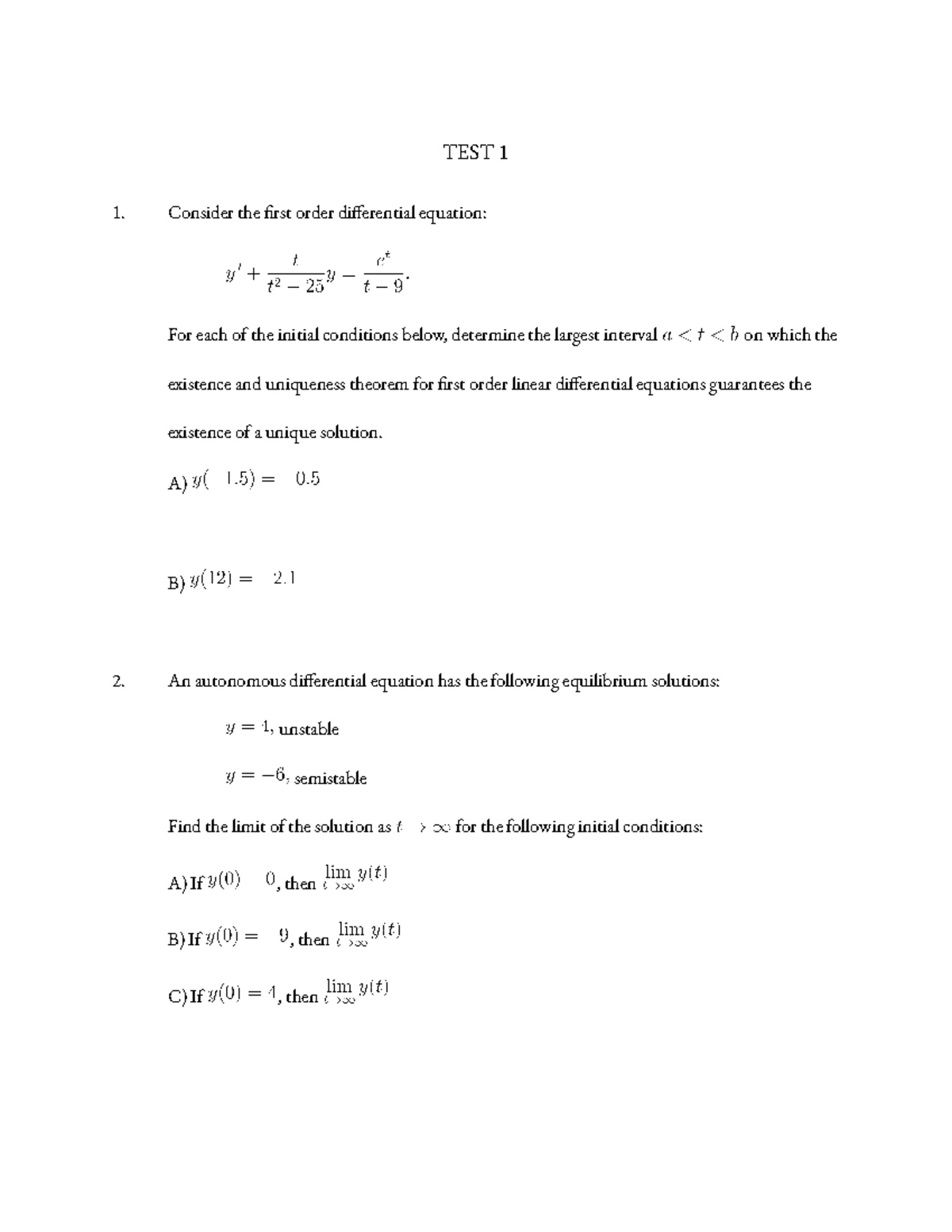 MAT 275 Modern Differential Equations TEST 1 - TEST 1 Consider the rst ...