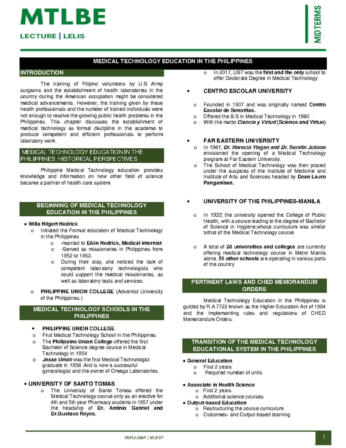 Med Tech Education in PH MEDICAL TECHNOLOGY EDUCATION IN THE