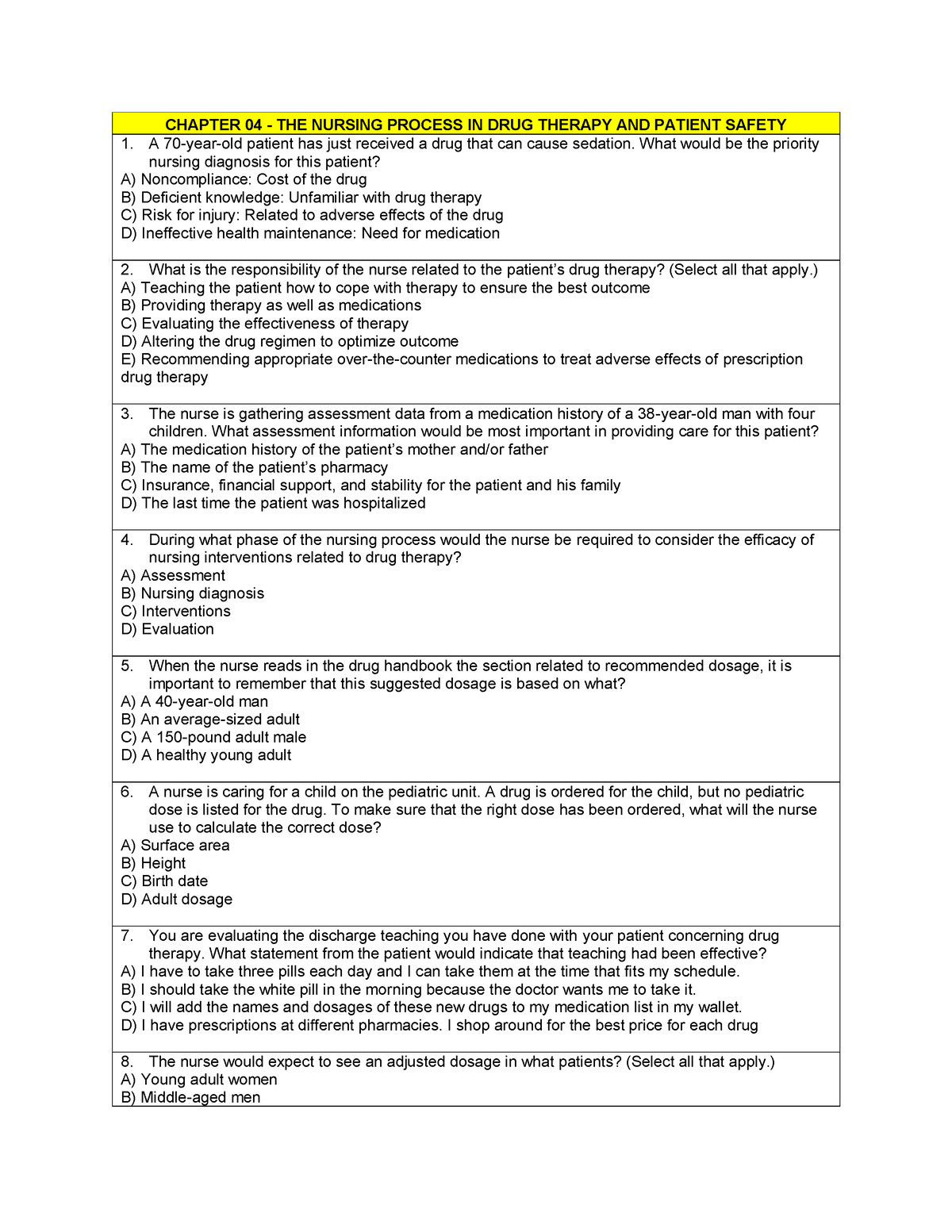 Chapter 04 Pharmacology Test Bank - CHAPTER 04 - THE NURSING PROCESS IN ...