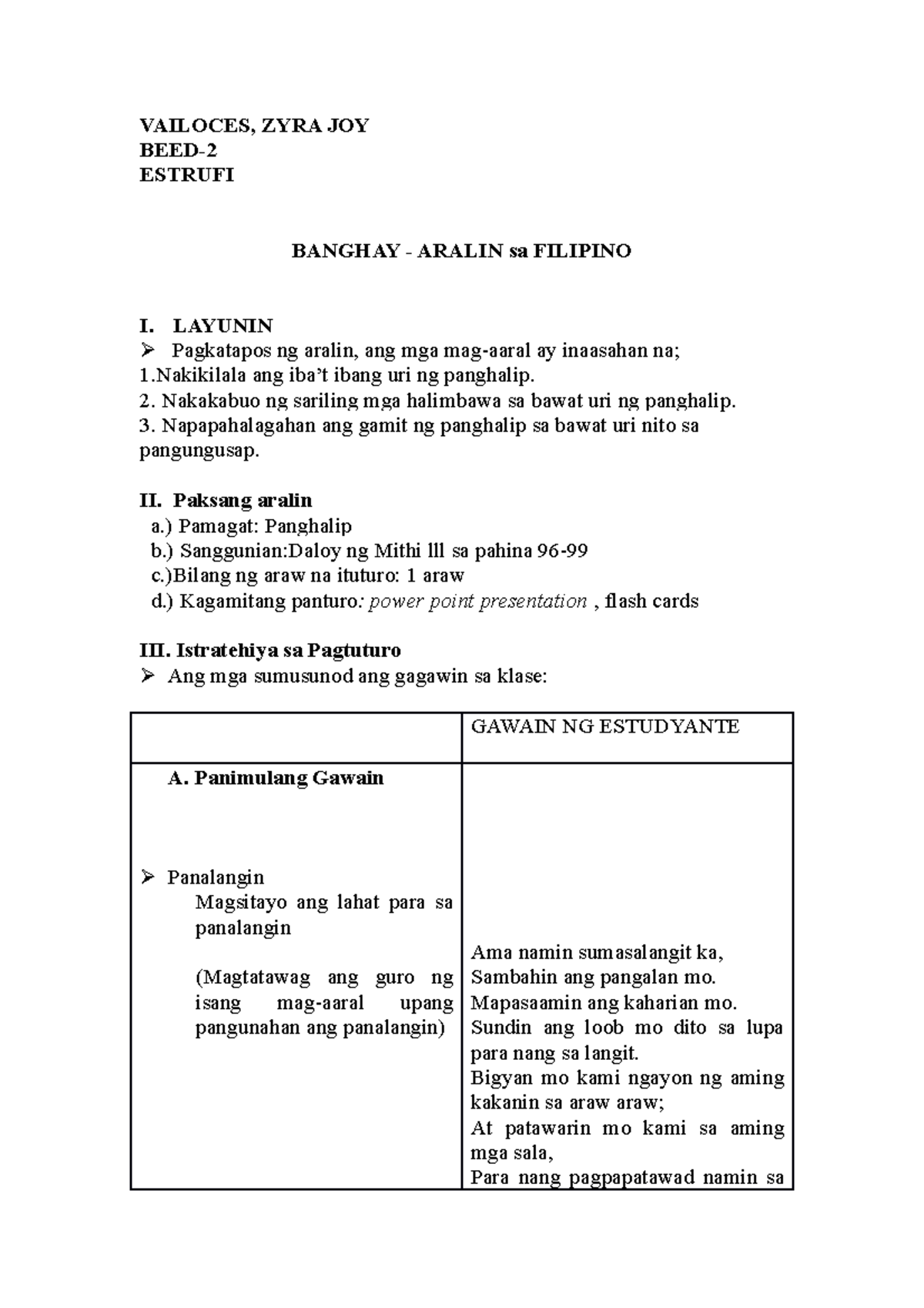 Filipino Lesson Plan Panghalip Vailoces Zyra Joy Beed Estrufi