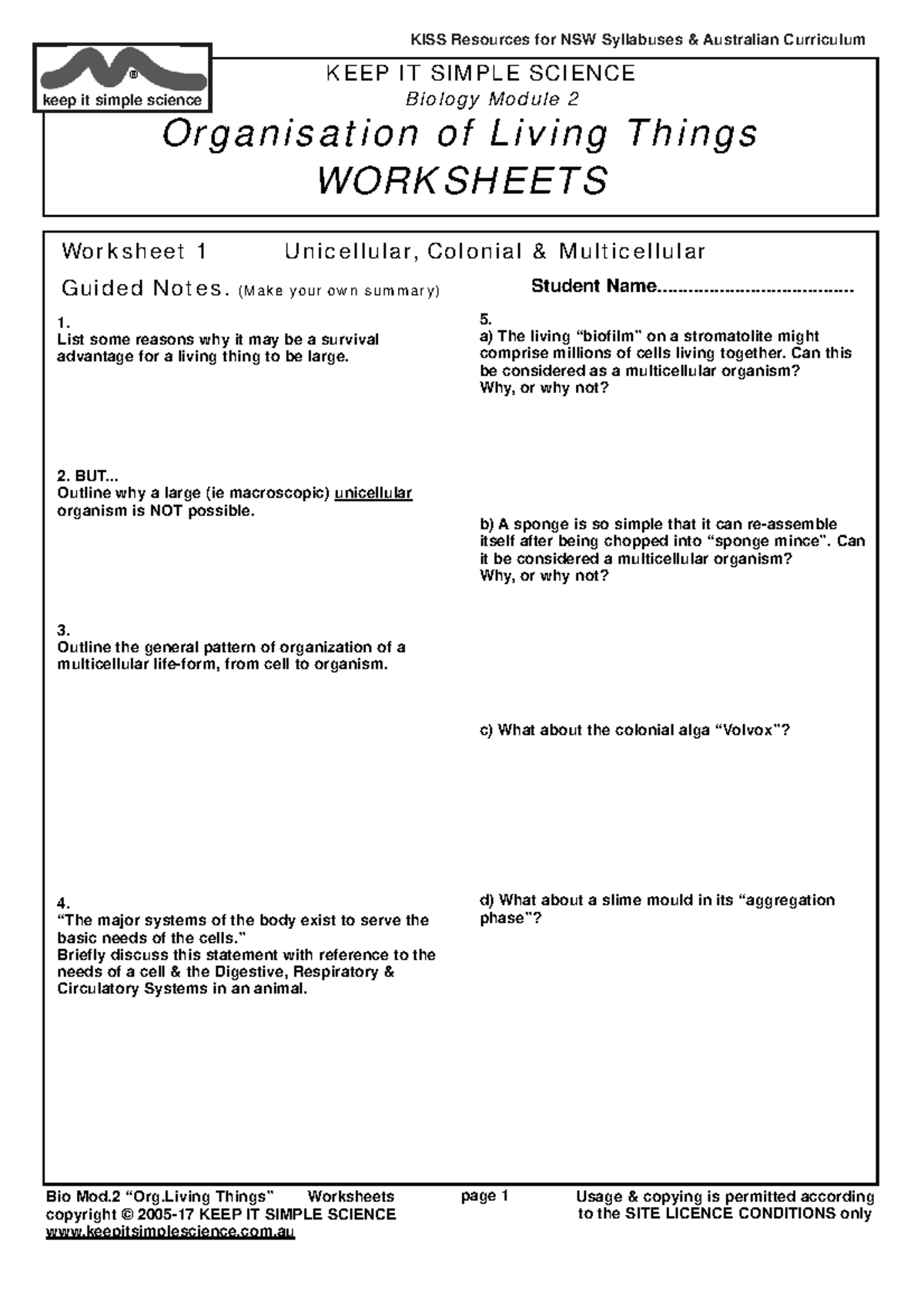 Bio Module 2 Worksheets - page 1 Usage & copying is permitted according ...
