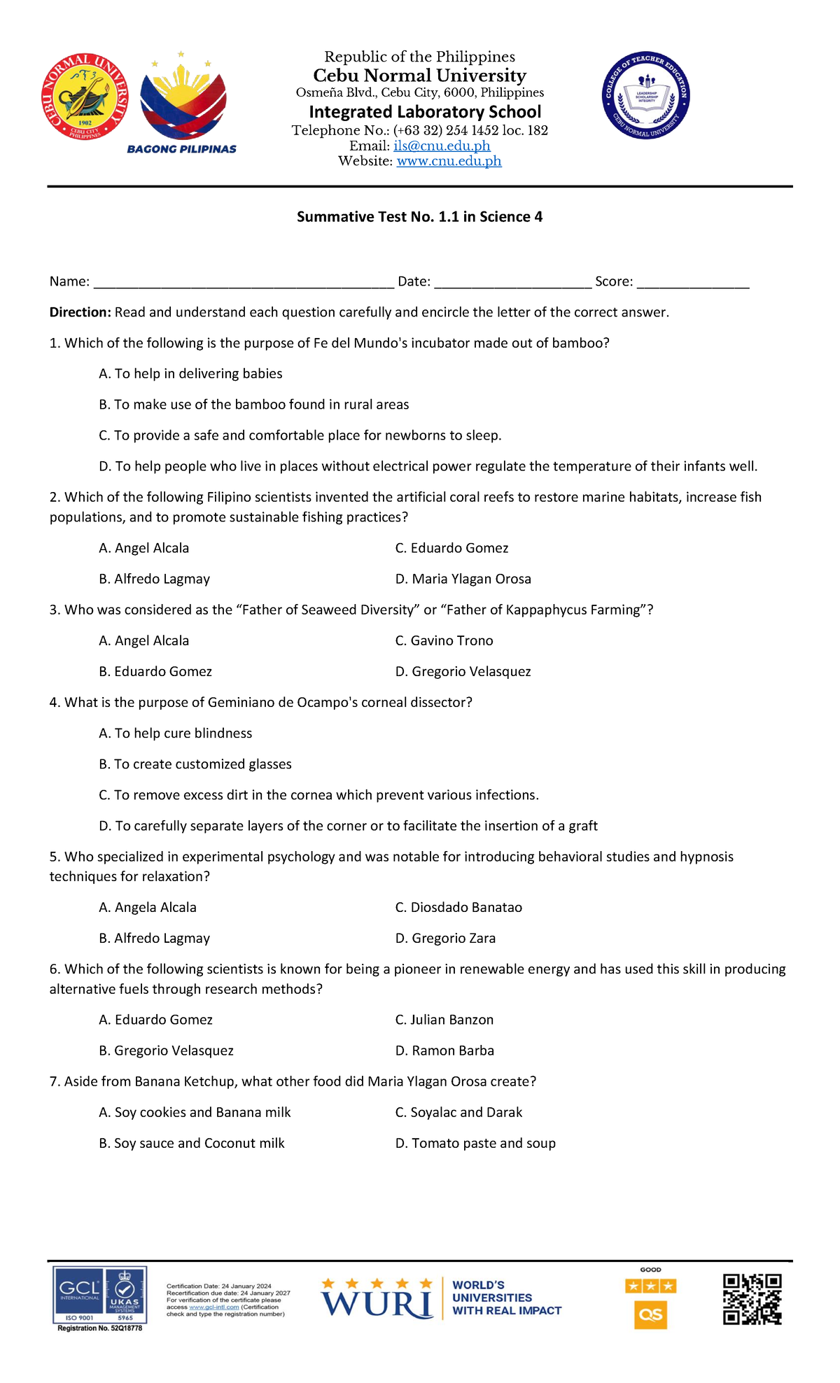 SCI4- Summative - test - Cebu Normal University Osmeña Blvd., Cebu City ...