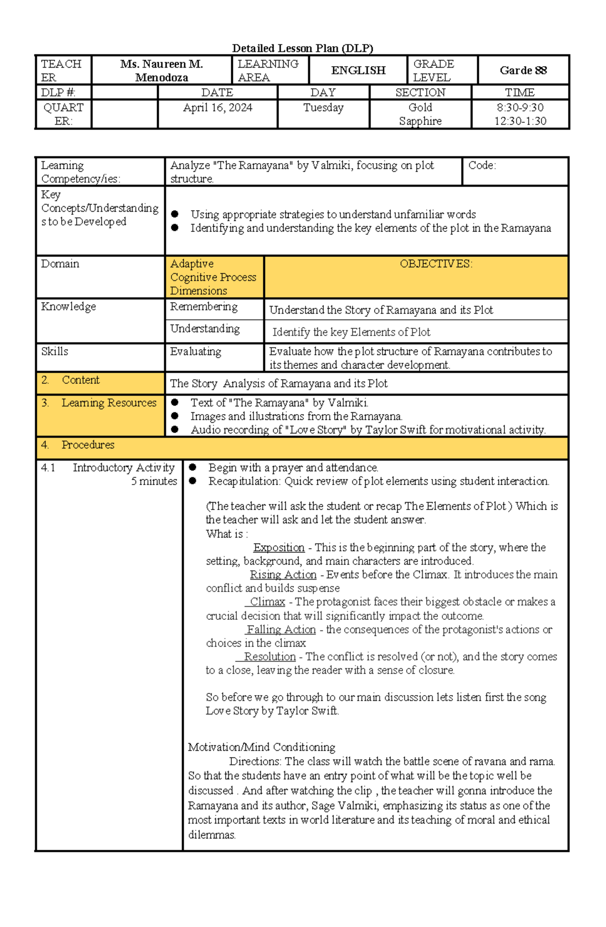 Lesson Plan-ramayana - About The Love Of Ramayan And Sita And The 