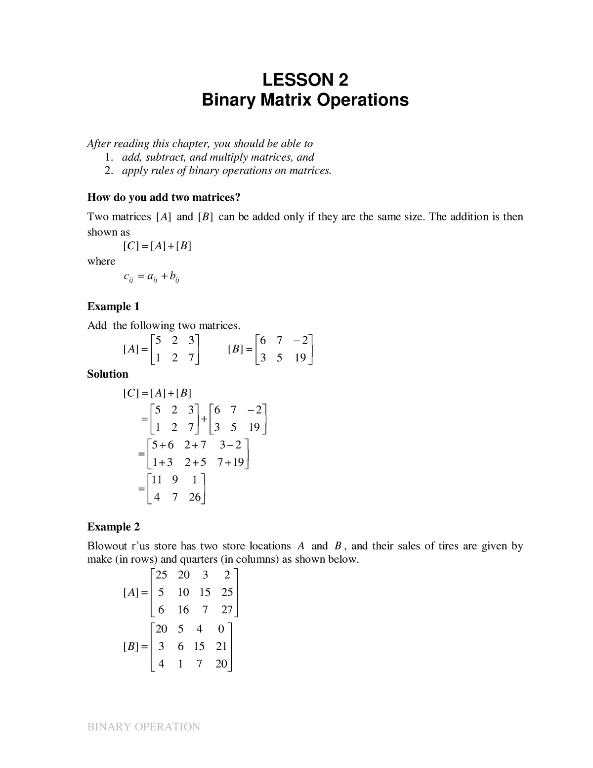 Lesson 2 - Binary Operations - BINARY OPERATION Binary Matrix ...