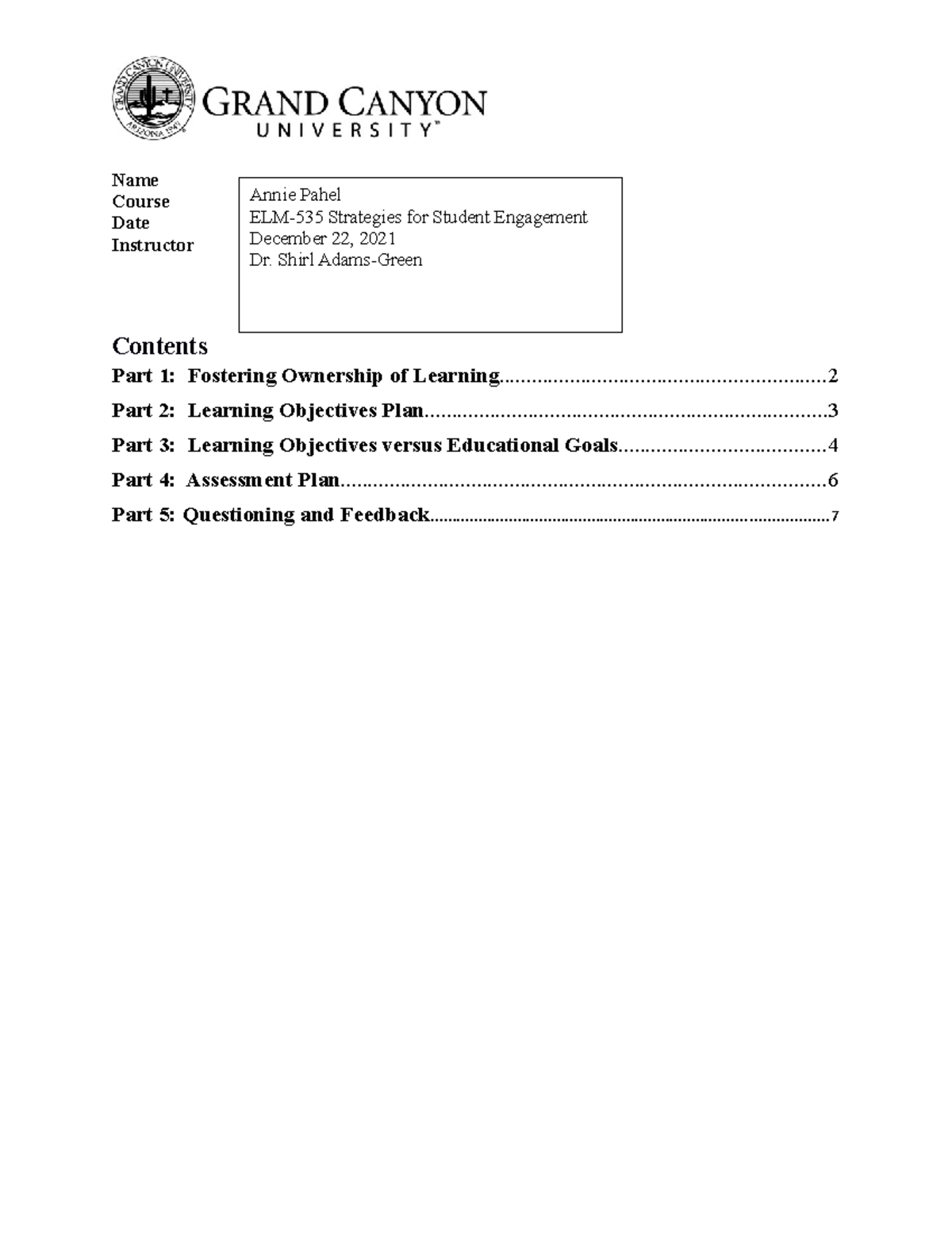 Learning Plan Template week 2 - Name Course Date Instructor Learning ...