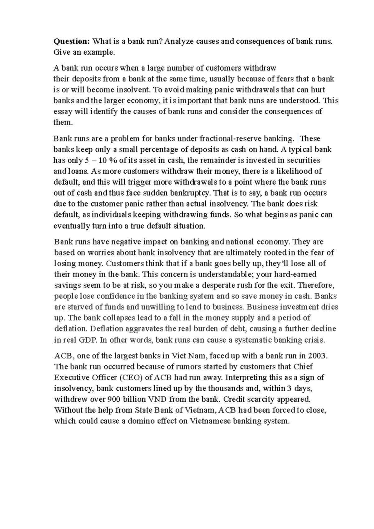 Bank Runs Essay In Macroeconomics Self Written Question What Is A