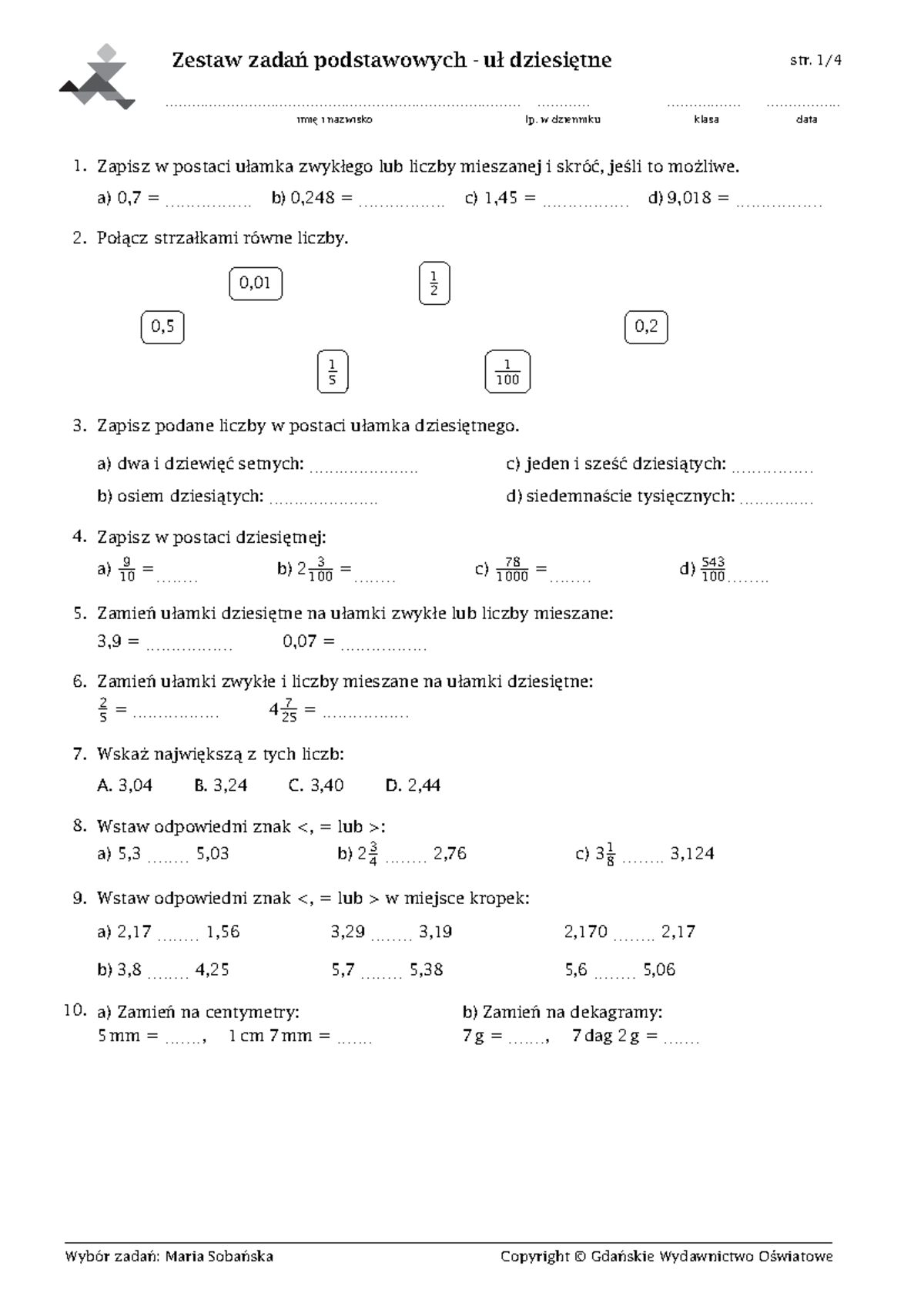 Zestaw zadań podstawowych - ułamki dziesiętne kl. 5 - Zestaw zadań