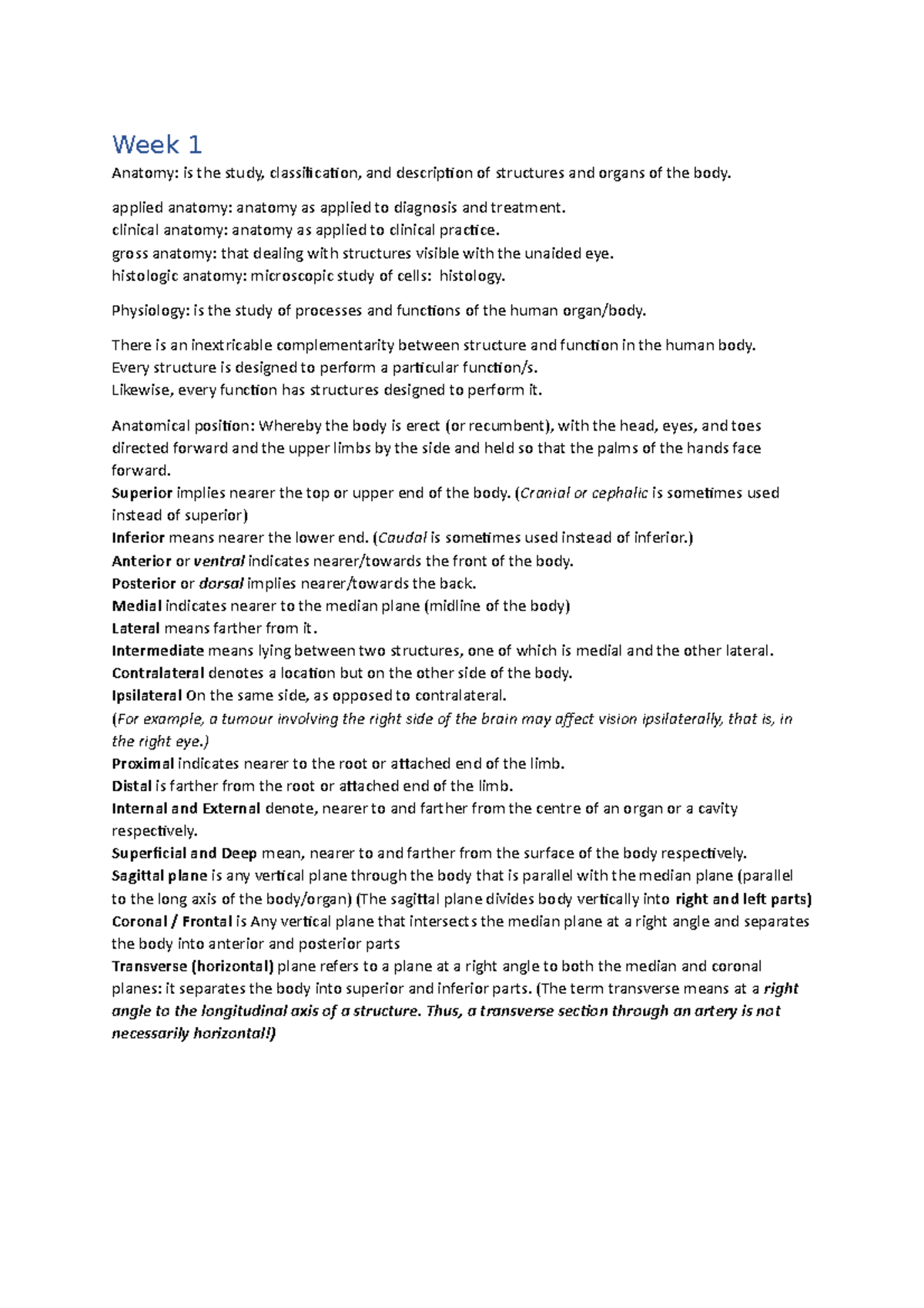 A&p notes - Week 1 Anatomy: is the study, classification, and ...