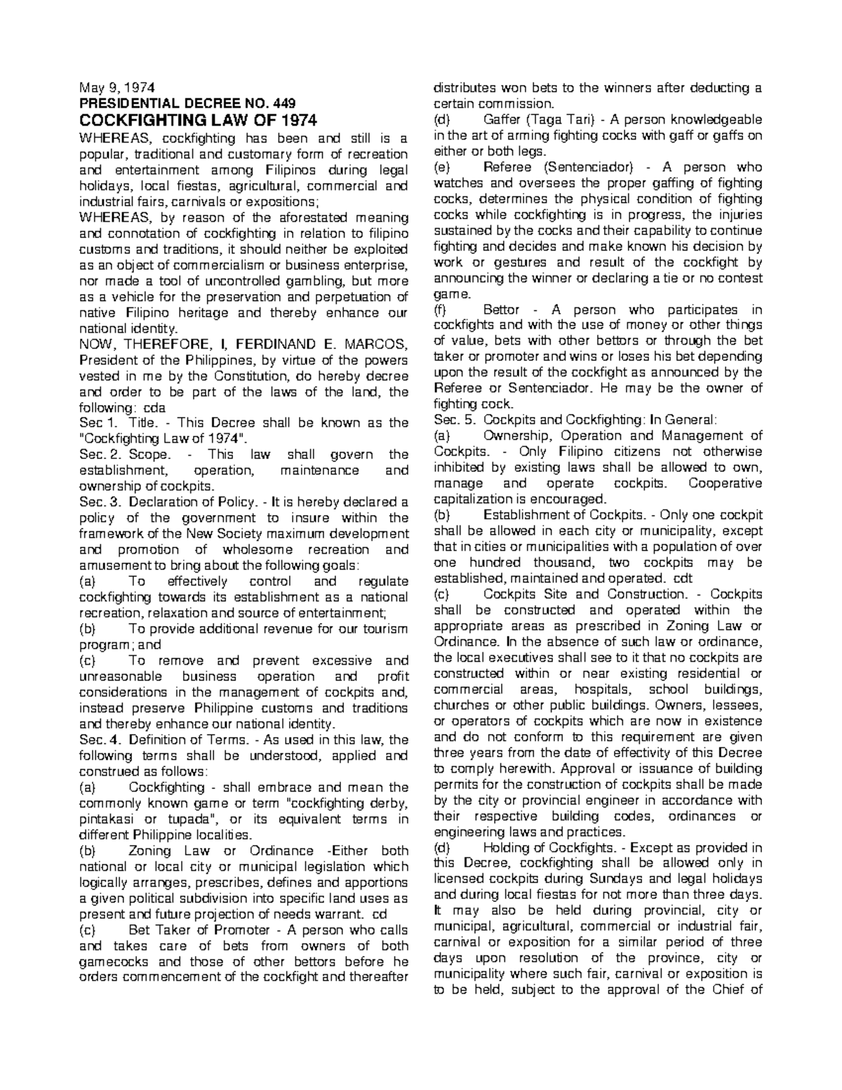 Related Laws Presidential Decree 449 Cockfigting Law of 1974 - May 9 ...