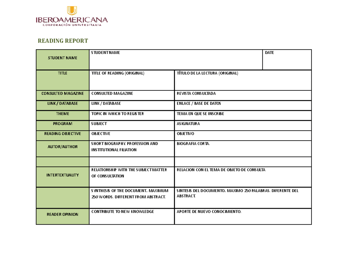 Formato Readign Report - READING REPORT STUDENT NAME STUDENT NAME DATE ...