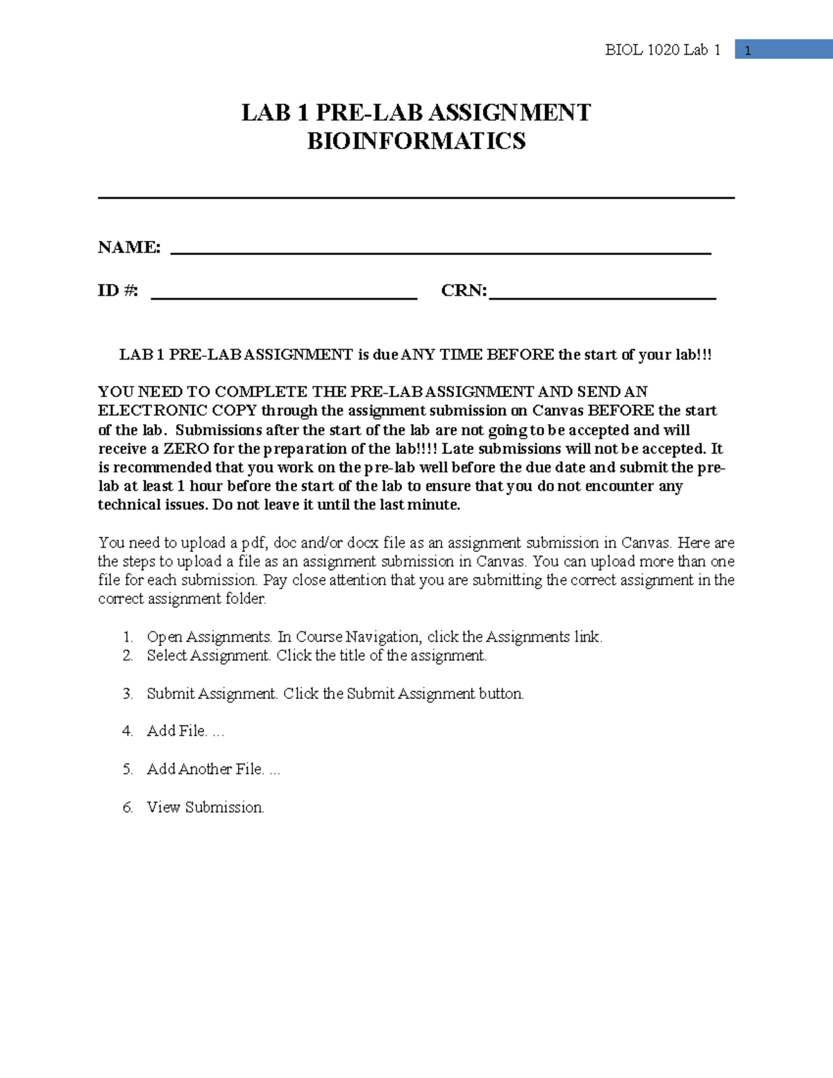 Lab 1 Pre-lab Assignment Bioinformatics Biology 2 - BIOL 1020 Lab 1 1 ...