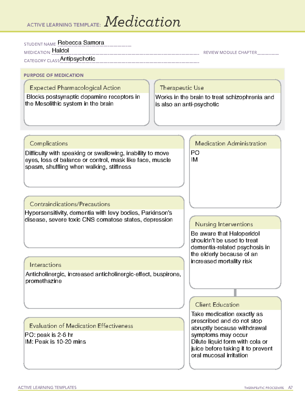 Haldol - Notes - ACTIVE LEARNING TEMPLATES THERAPEUTIC PROCEDURE A ...