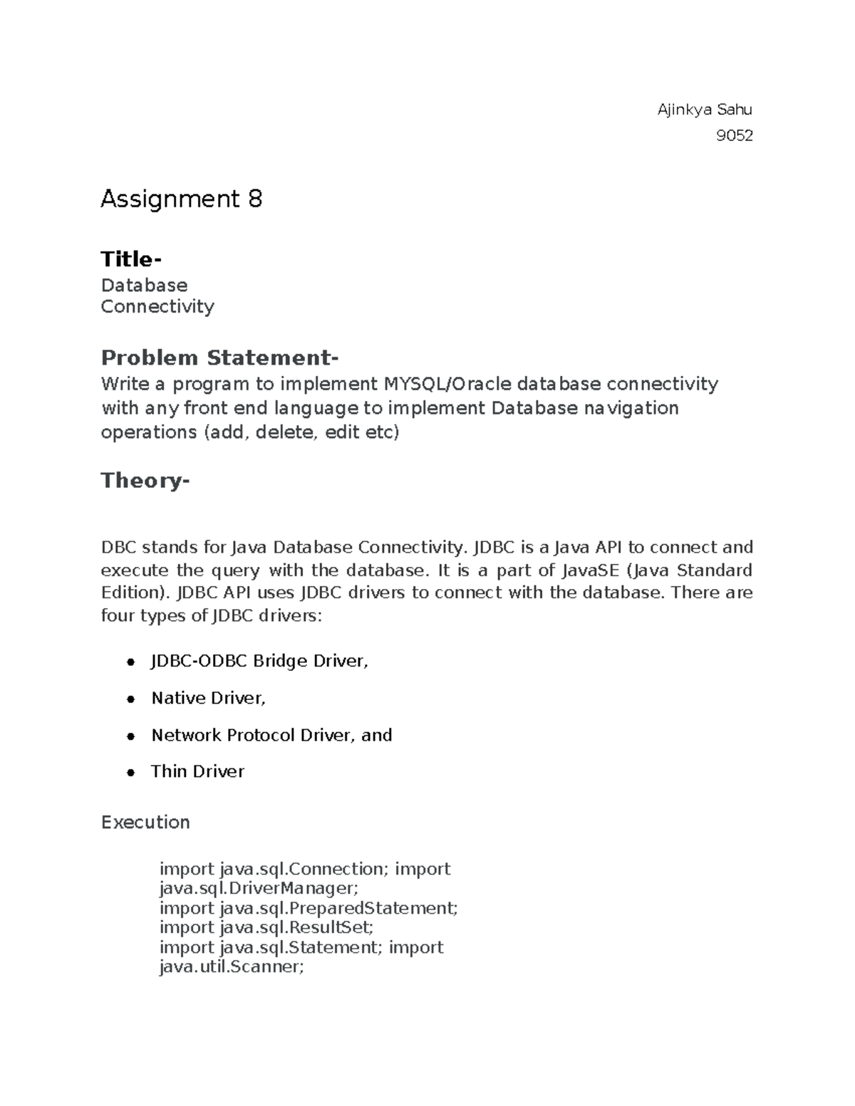 Ajinkya Sahu ass 12334567 Assignment 8 Title Database Connectivity