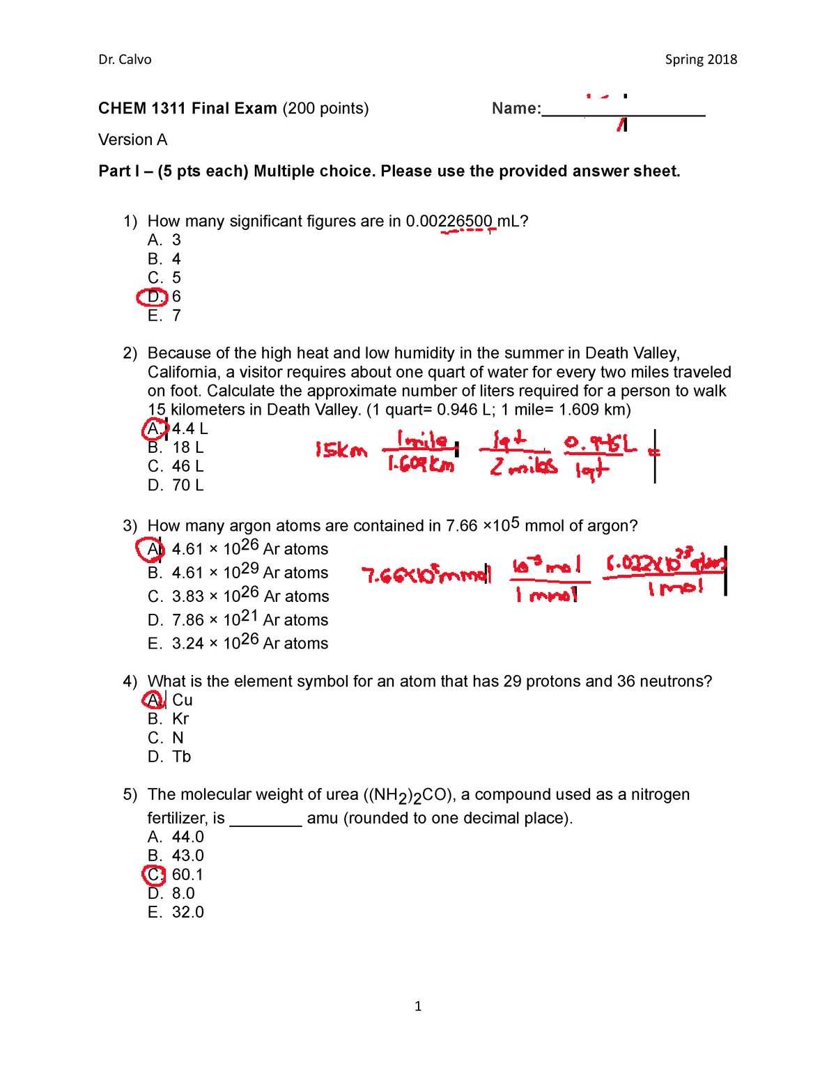 CHEM 1311 Final Exam Key Please use the provided answer sheet. How