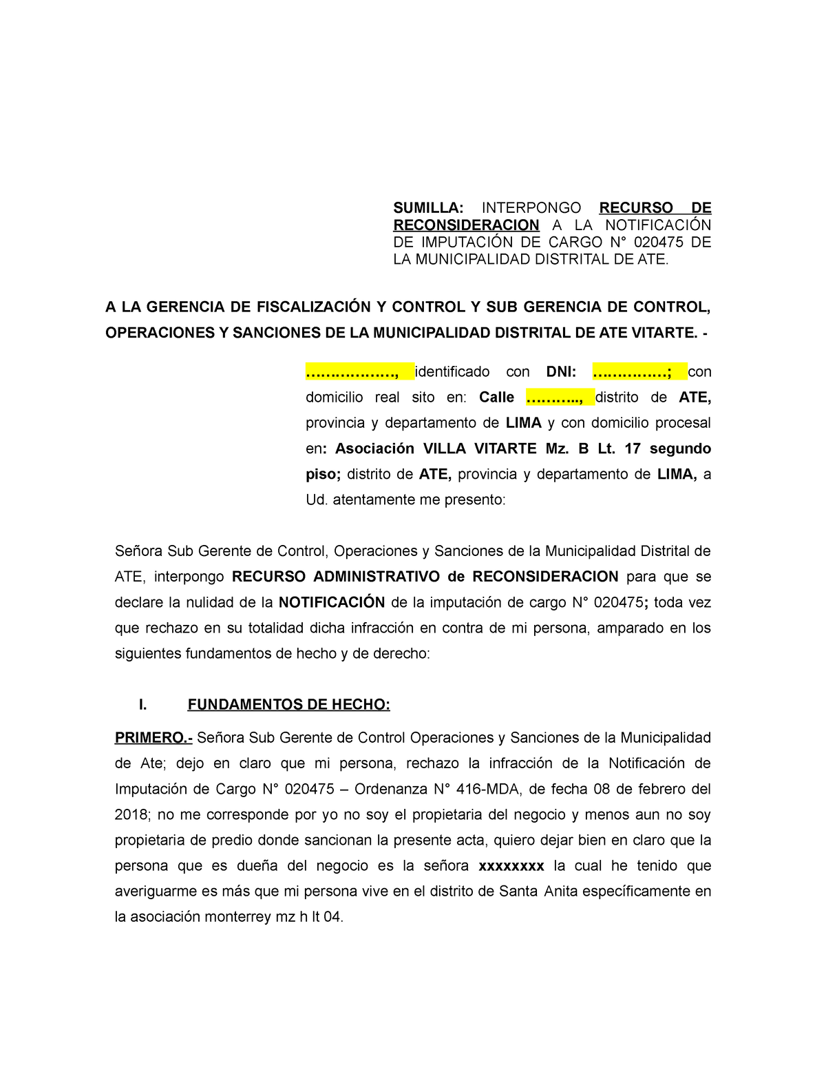 MODELO DE RECURSO DE RECONSIDERACION - ADMINISTRATIVO MUNICIPAL - SUMILLA:  INTERPONGO RECURSO DE - Studocu