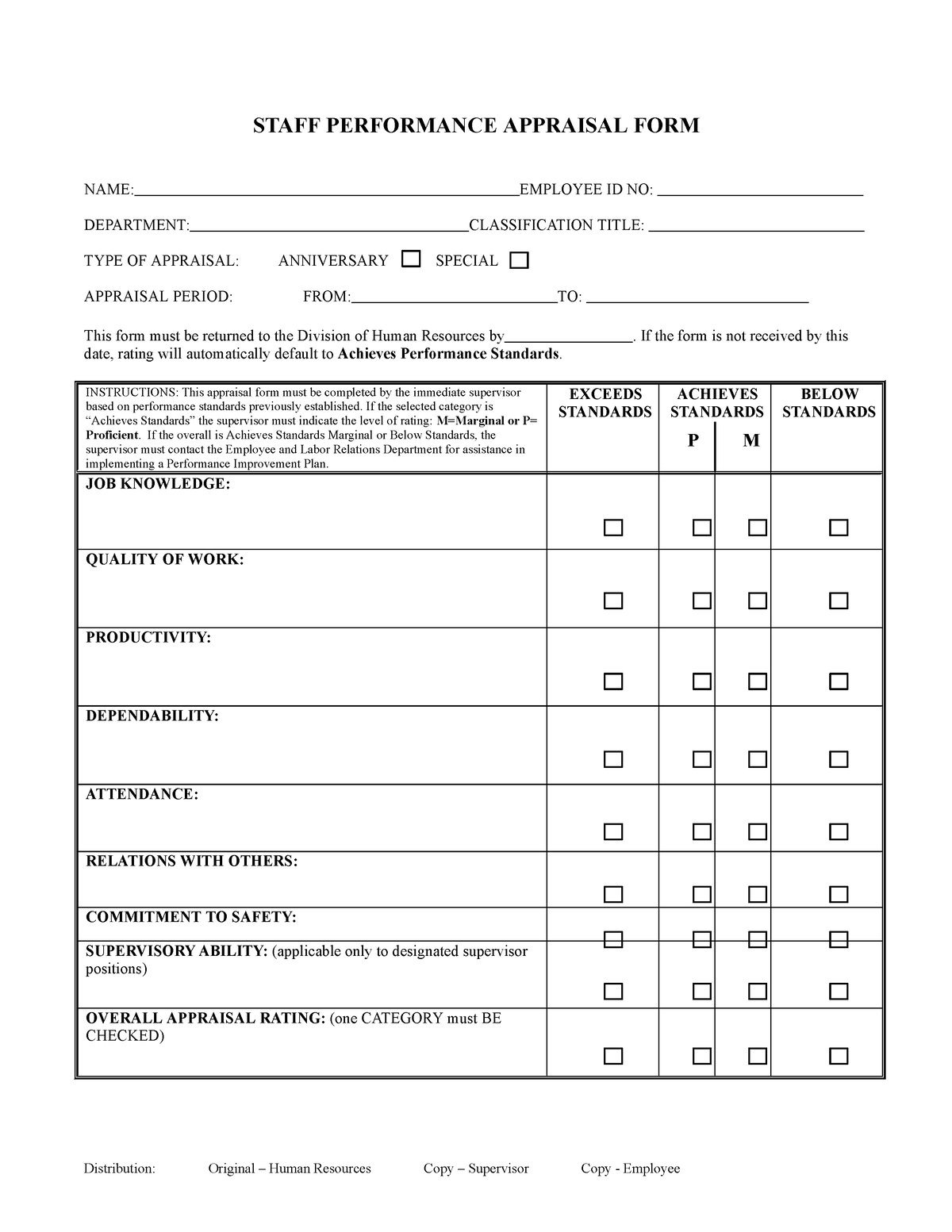 Staff Performance Appraisal Form - Distribution: Original – Human ...