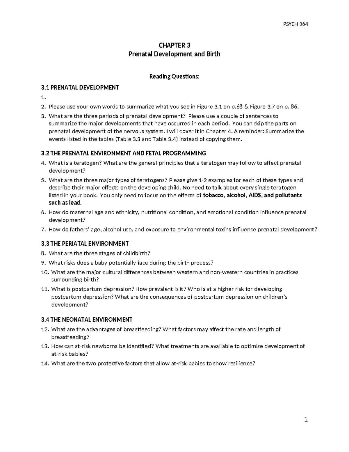 364 CH3 Reading Questions W24 - PSYCH 364 CHAPTER 3 Prenatal ...