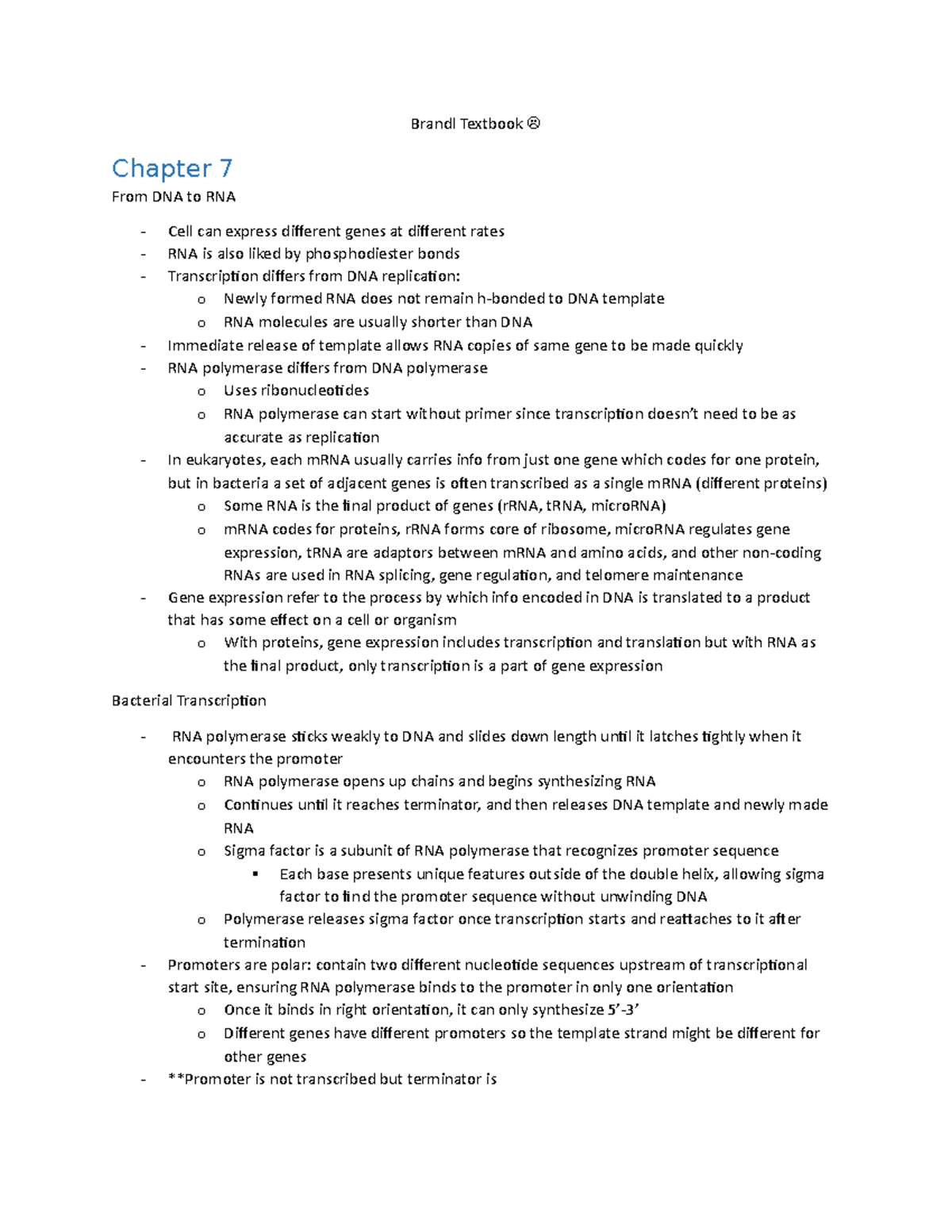 Brandl Textbook Notes - Brandl Textbook Chapter 7 From DNA to RNA Cell ...