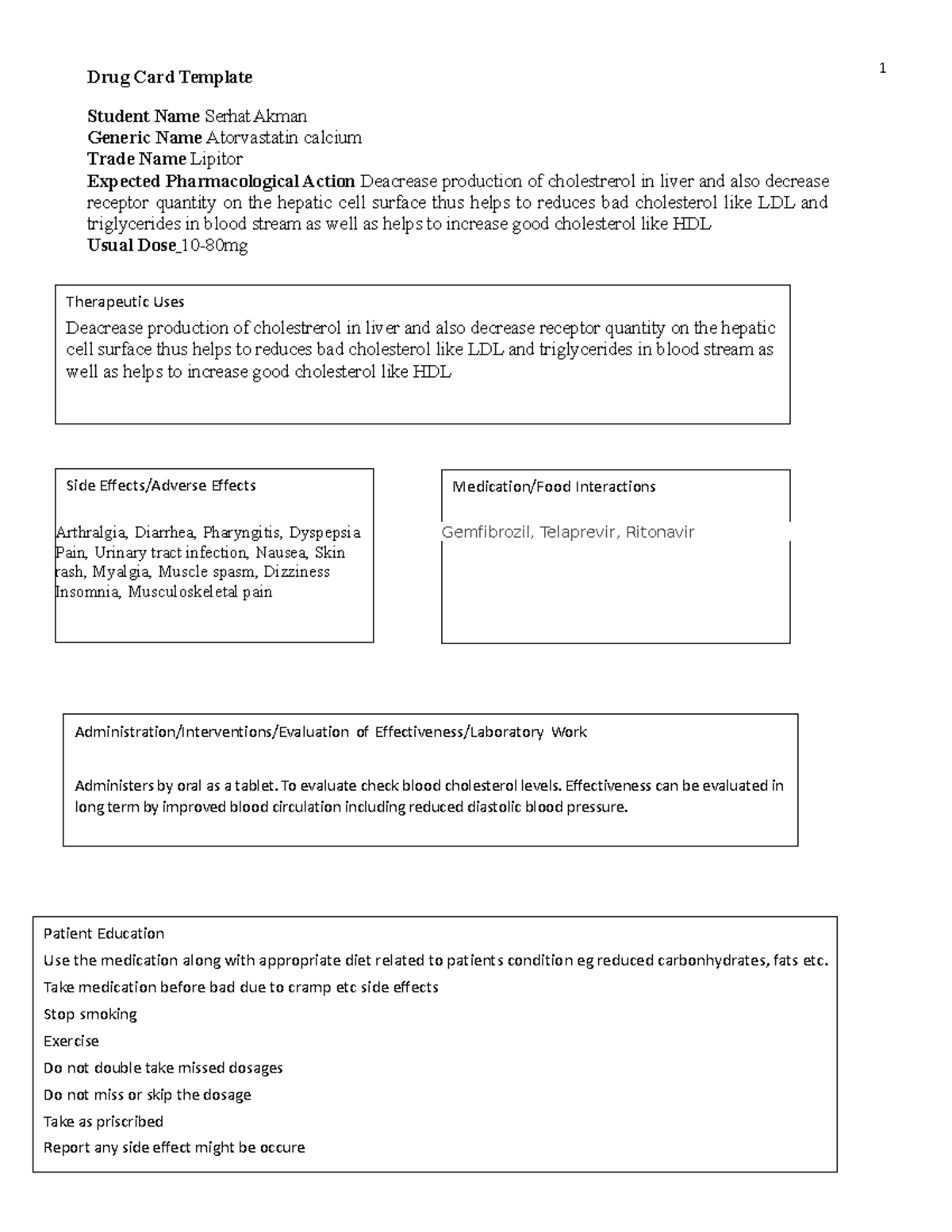 3 meds - med cards - Drug Card Template Student Name Serhat Akman ...