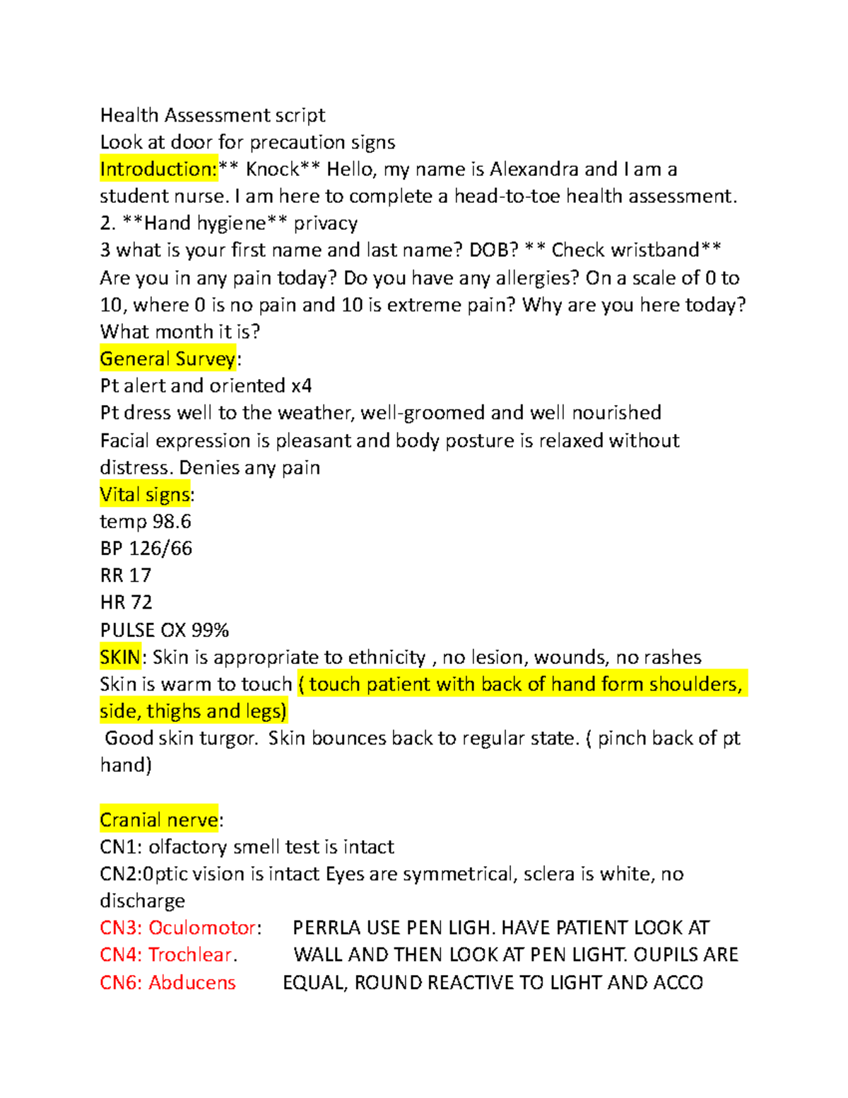 Health Assessment script 2 - Health Assessment script Look at door for ...