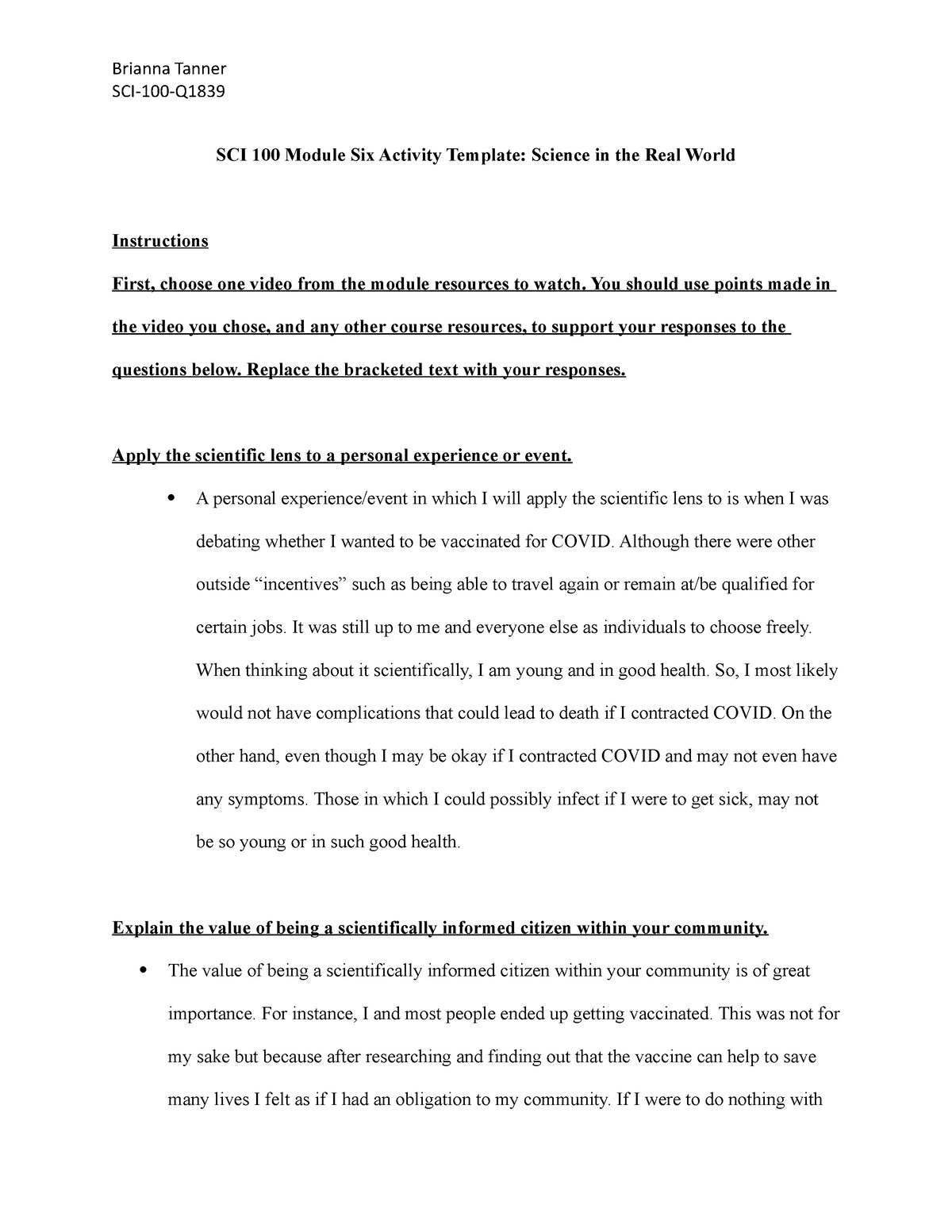 Sci 100 Module Six Activity Template You Should Use Points Made In The Video You Chose And 5326