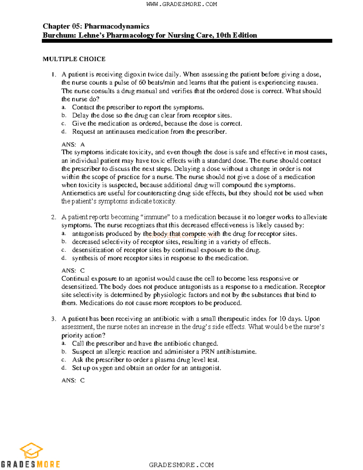 05 - Practice Questions - GRADESMORE Chapter 05: Pharmacodynamics ...