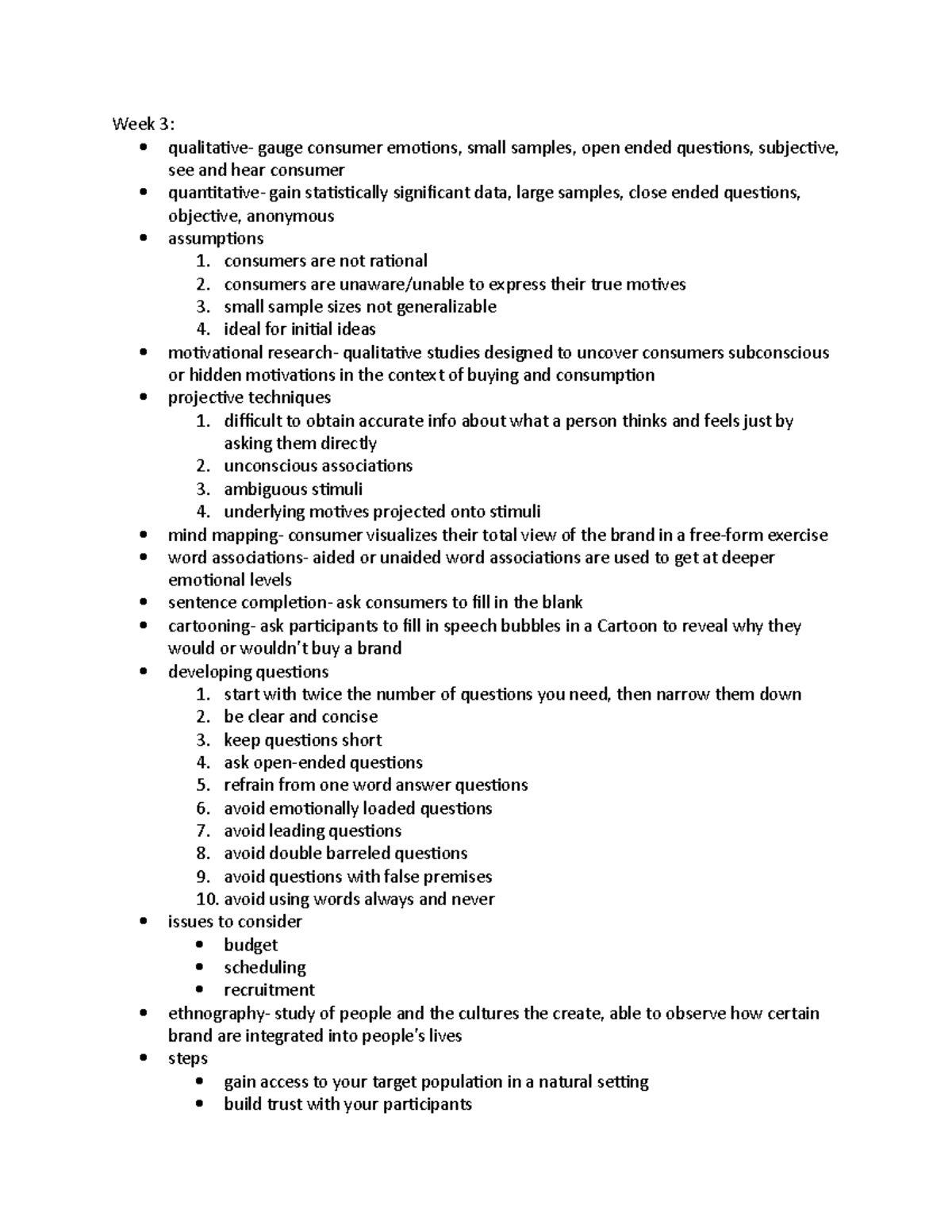 ADV 342 W3 Notes - Week 3: qualitative- gauge consumer emotions, small ...