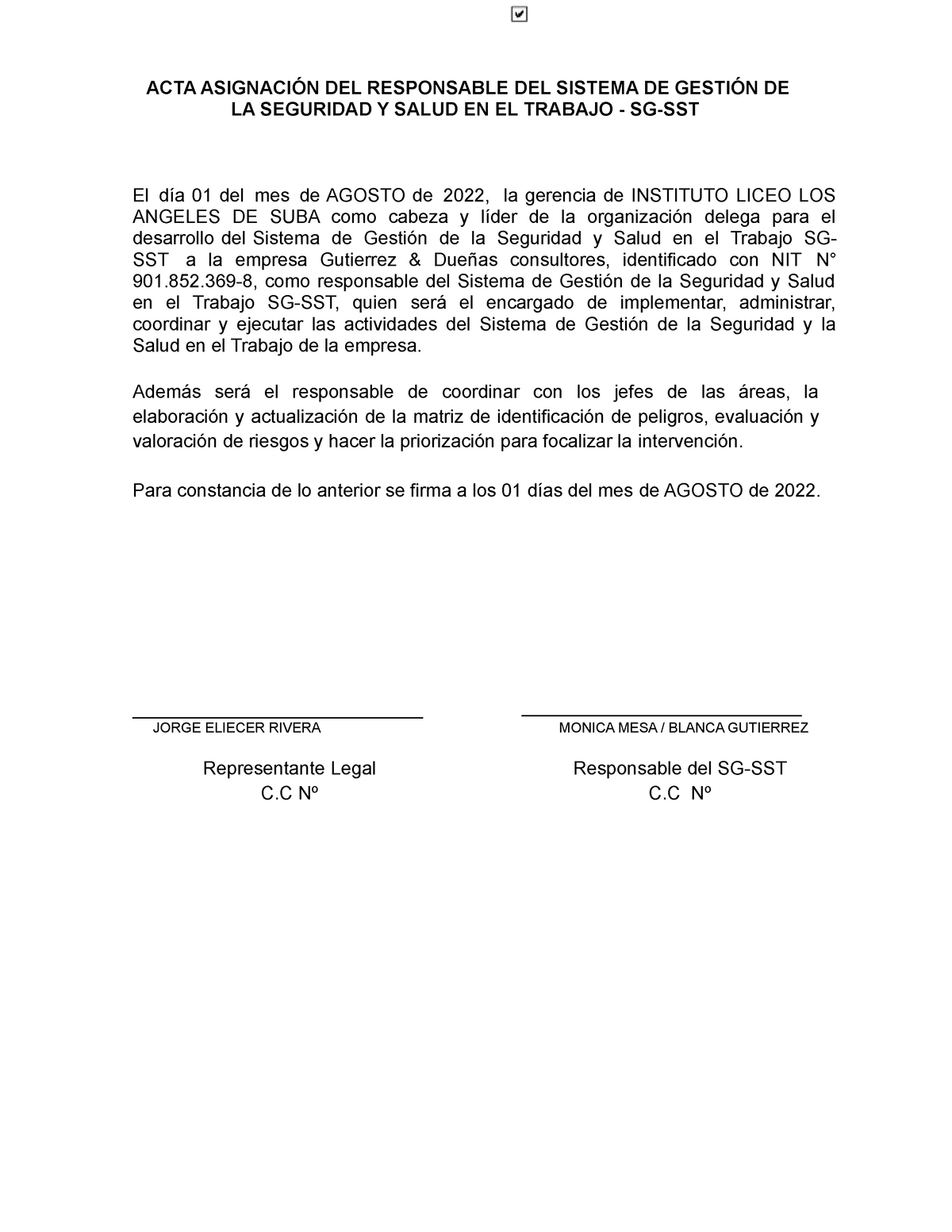 Acta Asignación Responsable Del Sg Sst Acta AsignaciÓn Del