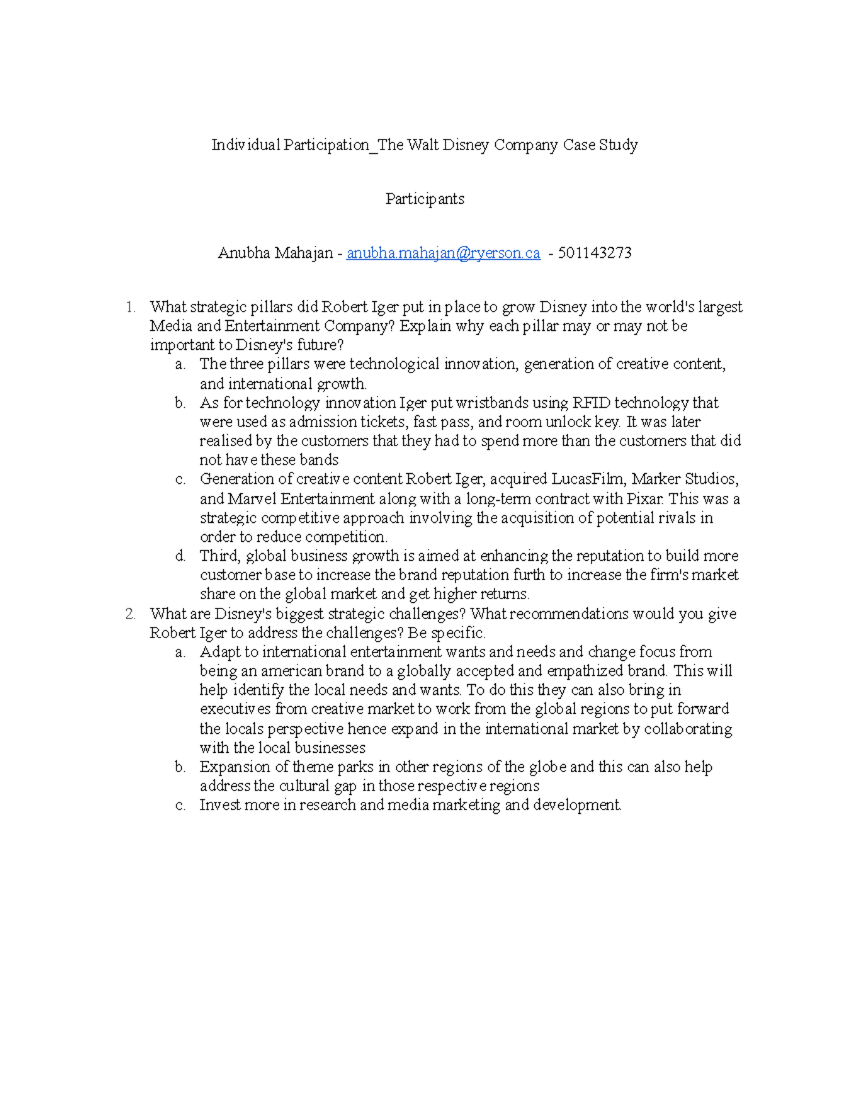 Individual Participation The Walt Disney Company Case Study ...