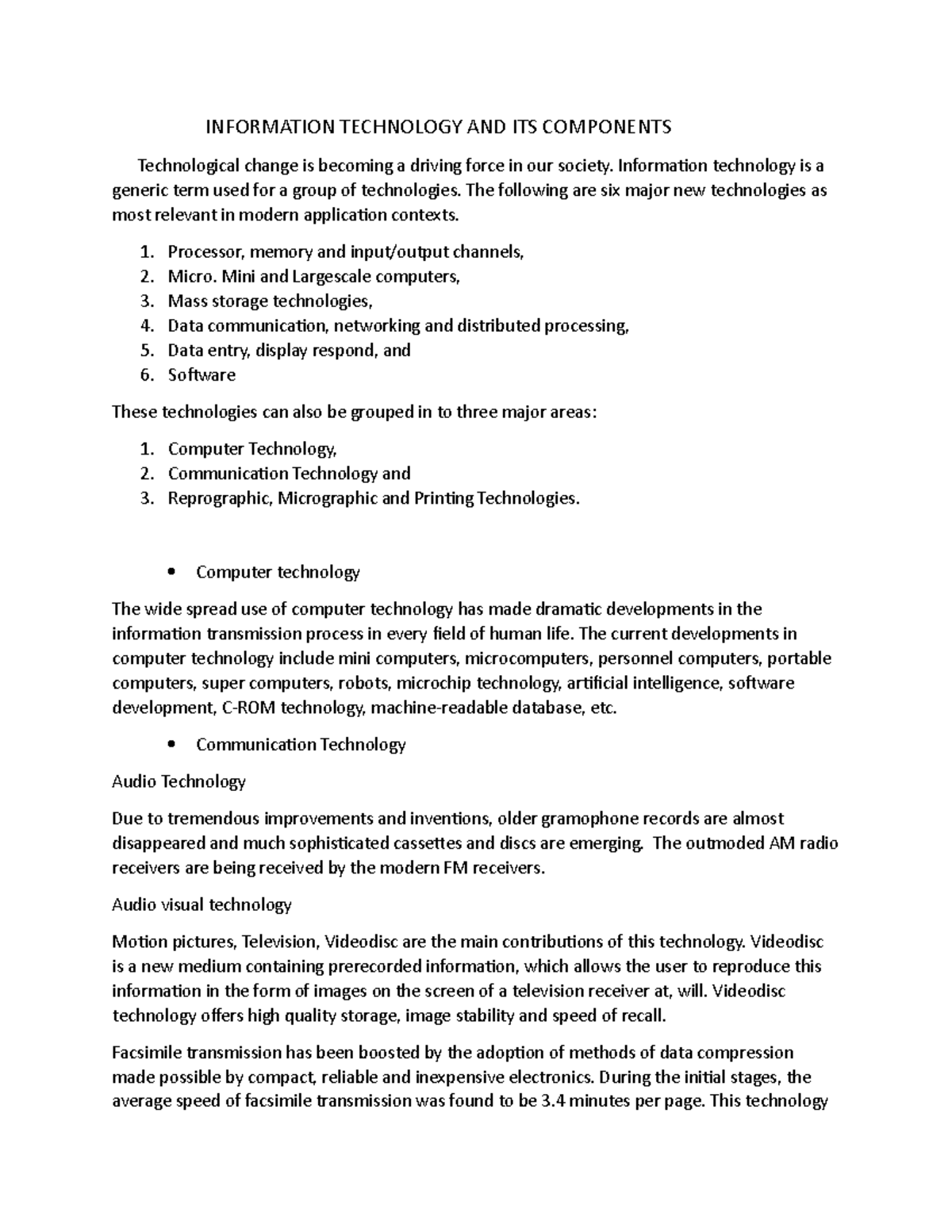 Information Technology AND ITS Components - INFORMATION TECHNOLOGY AND ...
