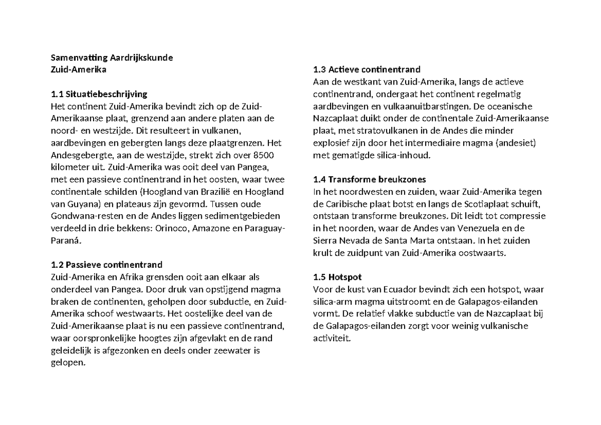 Aardrijkskunde samenvatting zuid amerika - Samenvatting Aardrijkskunde